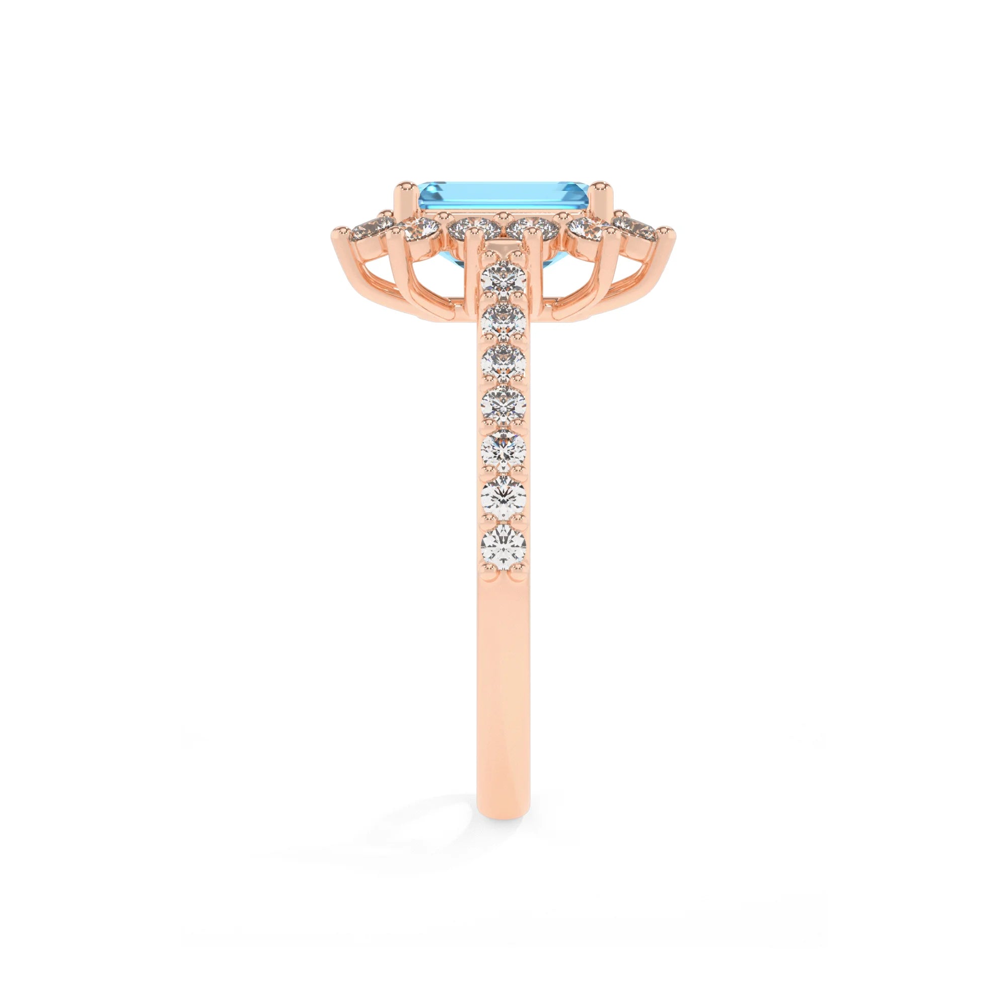 natural swiss-blue-topaz emerald cut solitaire rings in rose gold