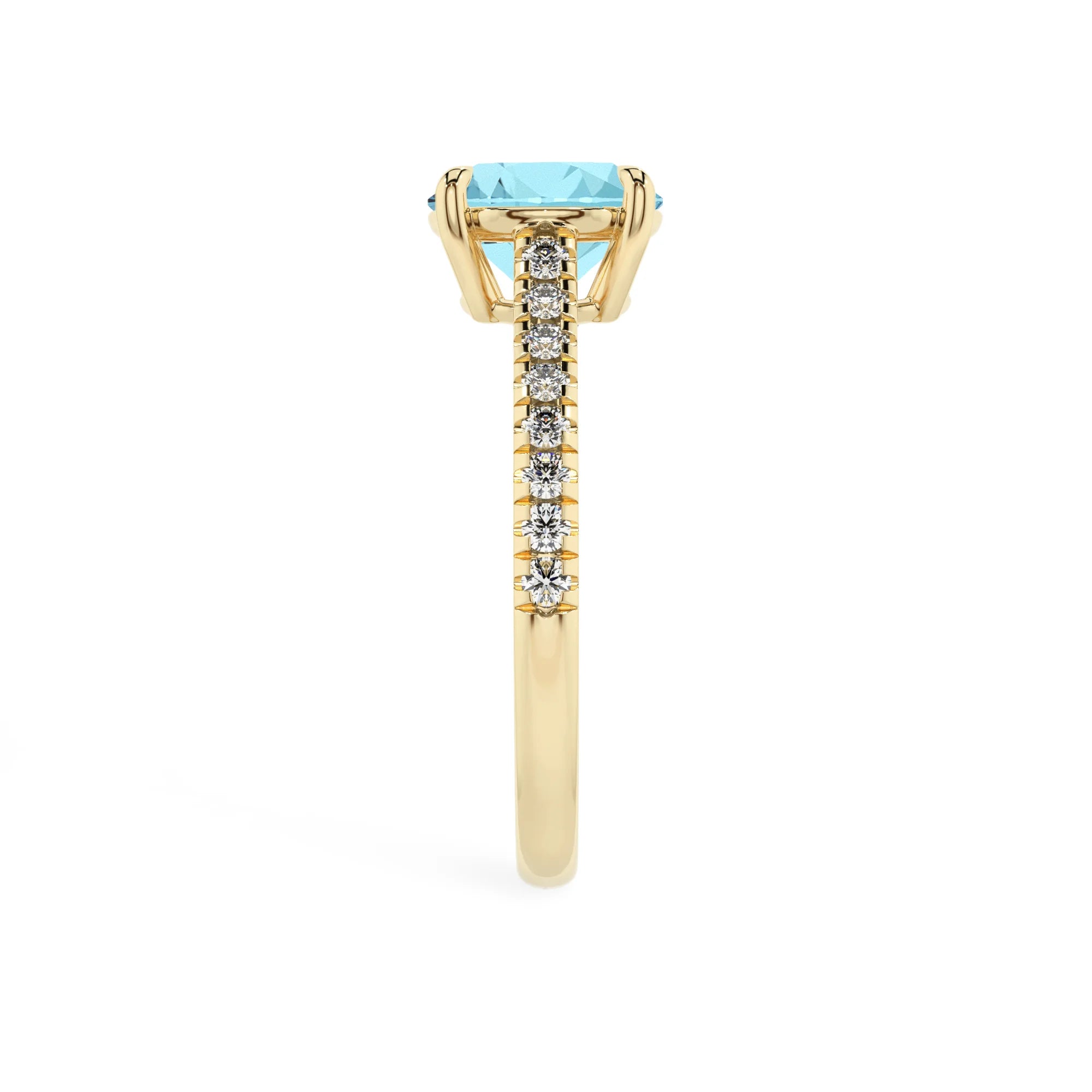 lab grown aquamarine round half eternity solitaire engagement rings in yellow gold