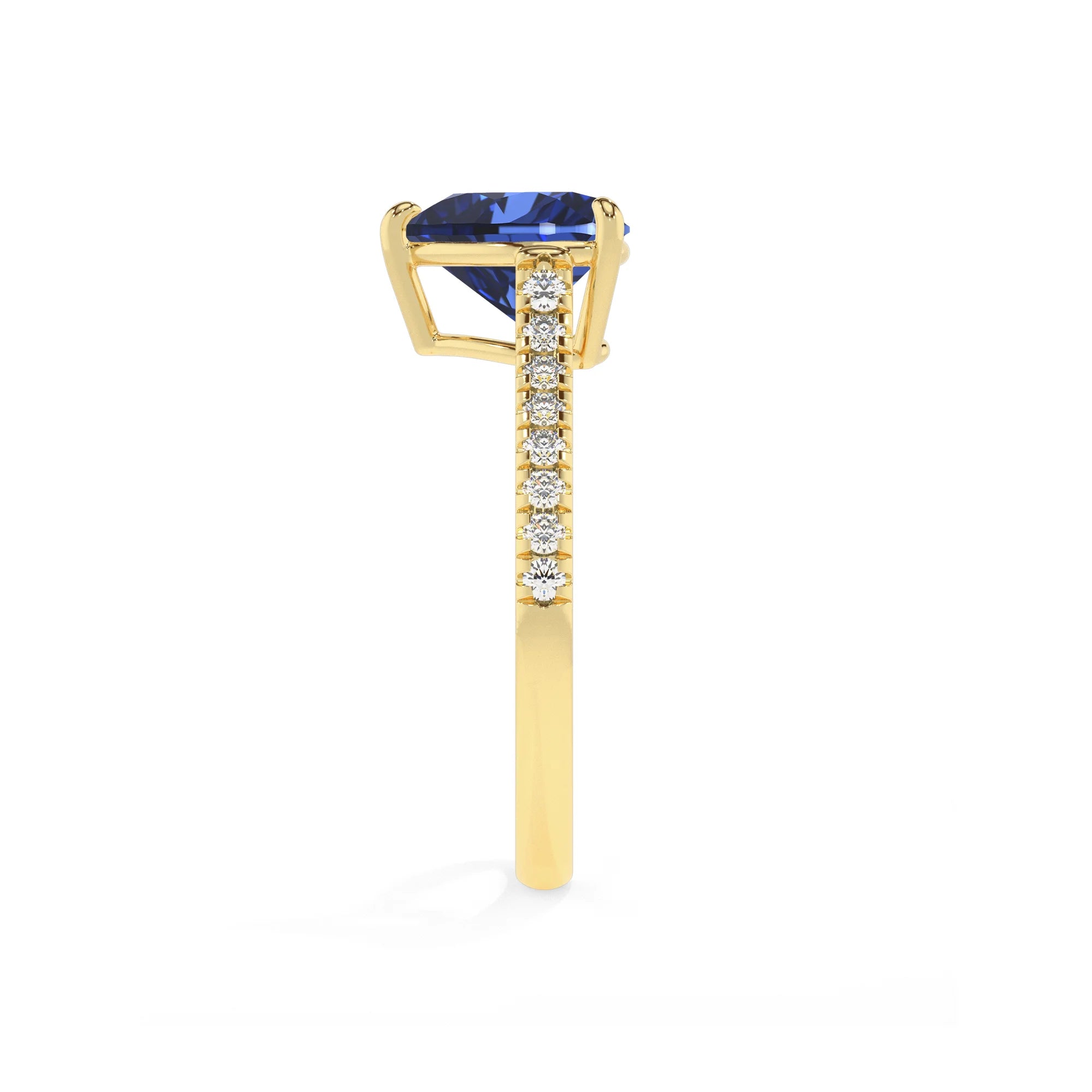 lab grown blue-sapphire heart half eternity solitaire engagement rings in yellow gold