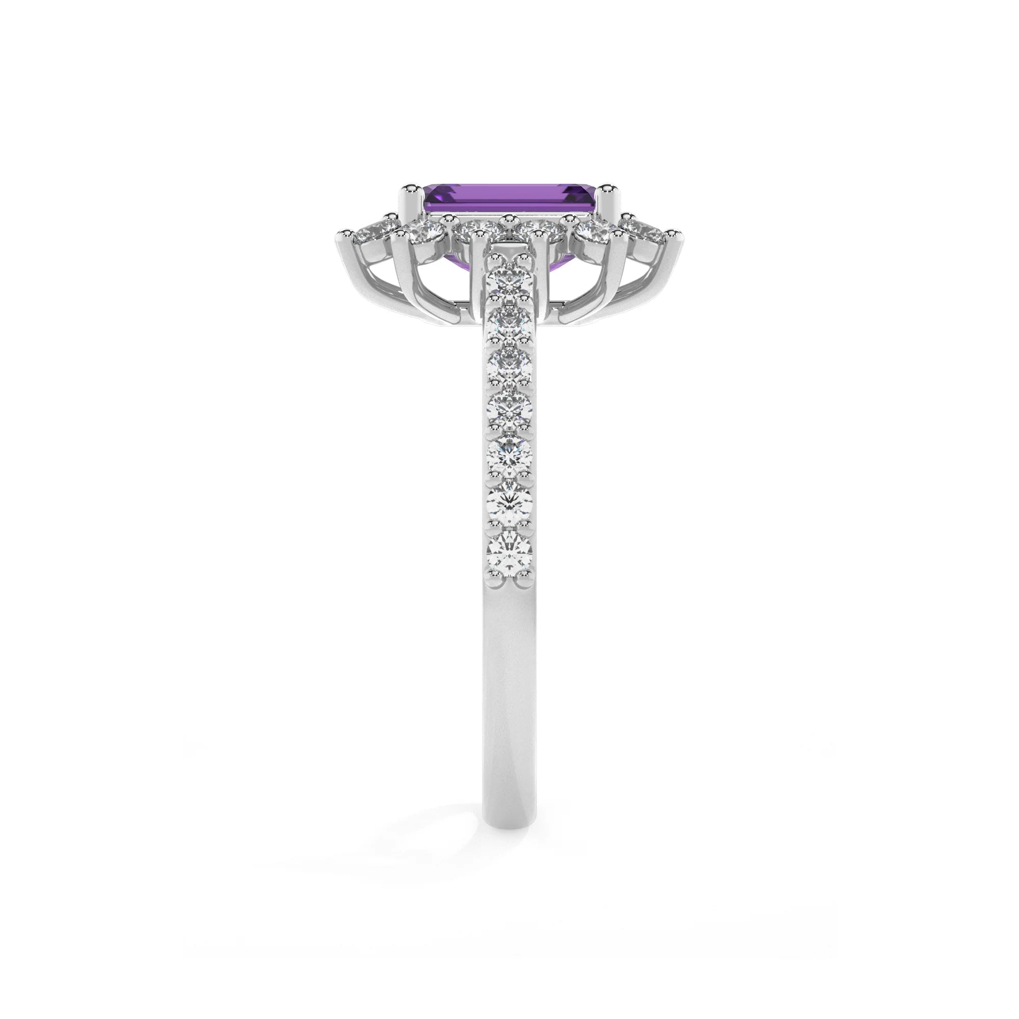 lab grown amethyst emerald cut solitaire rings in white gold