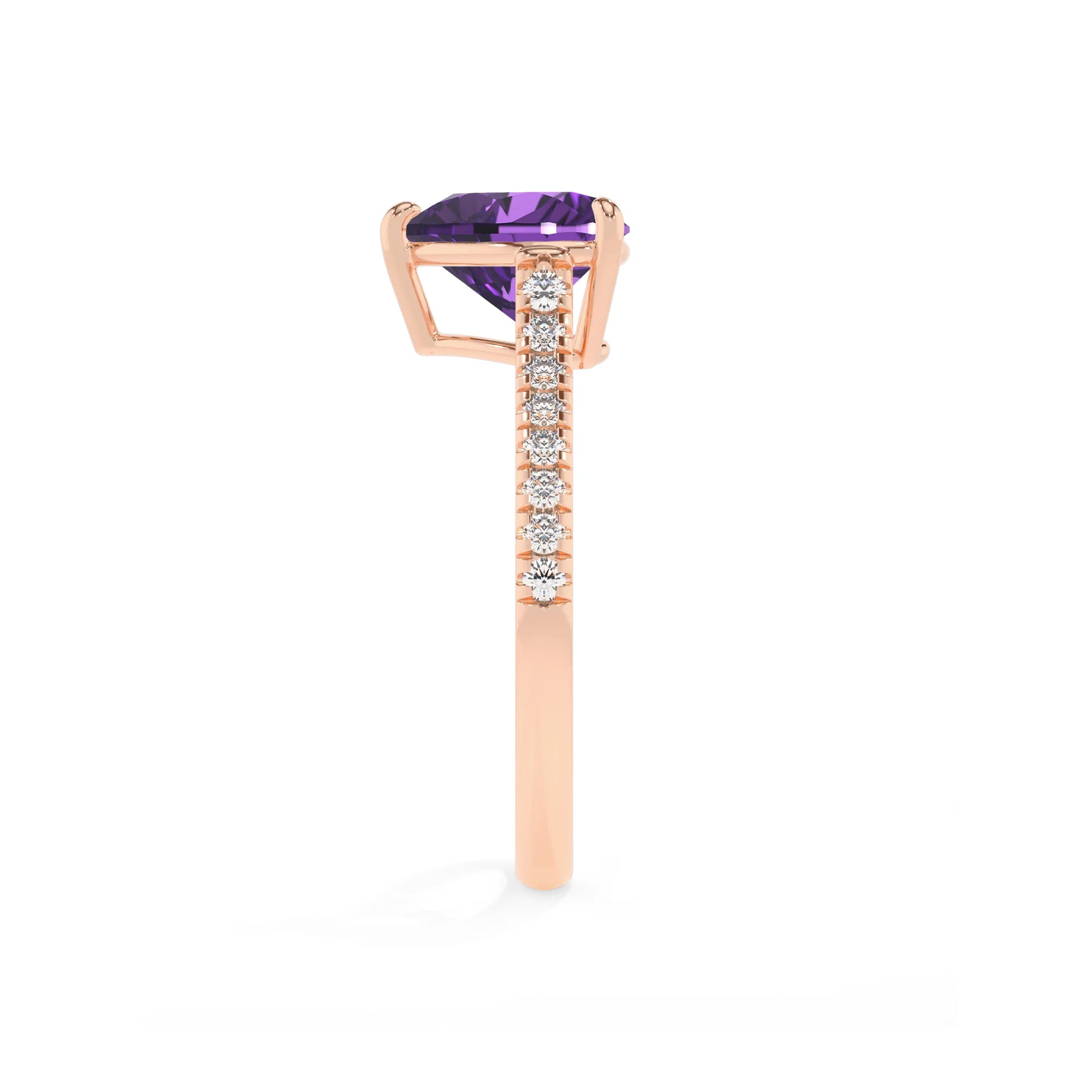 lab grown amethyst heart half eternity solitaire engagement rings in rose gold