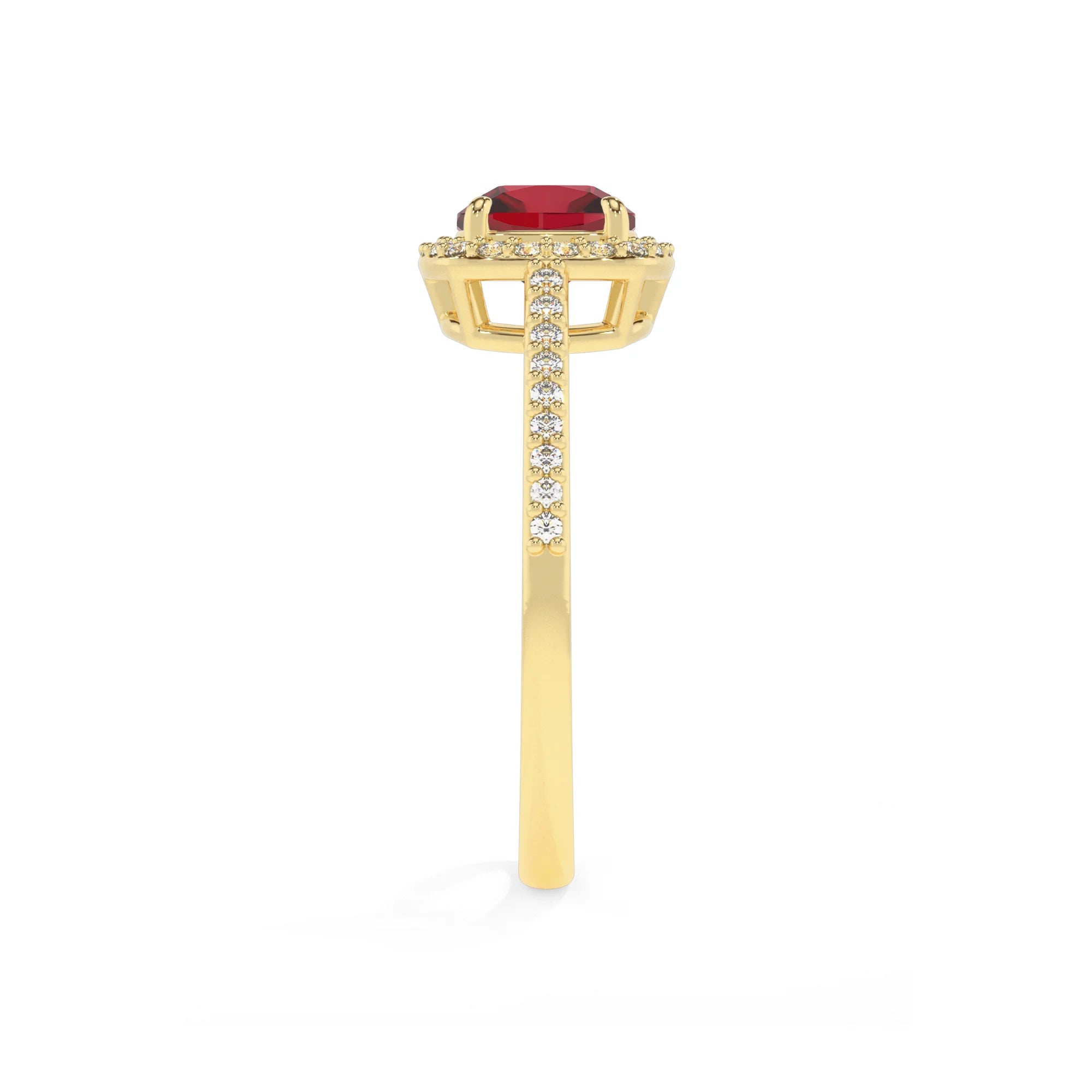 lab grown ruby cushion solitaire rings in yellow gold