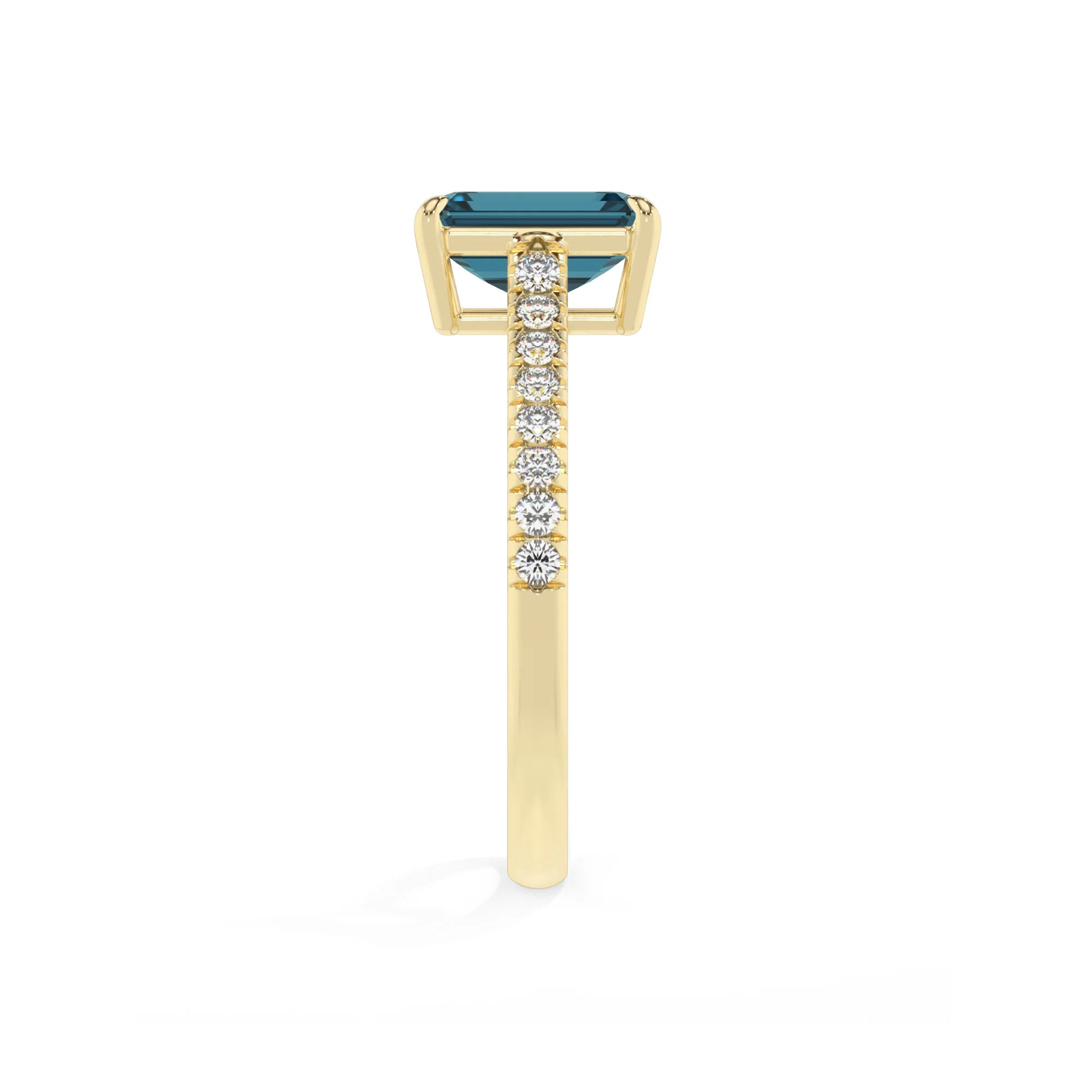 natural london-blue-topaz emerald cut half eternity solitaire engagement rings in yellow gold