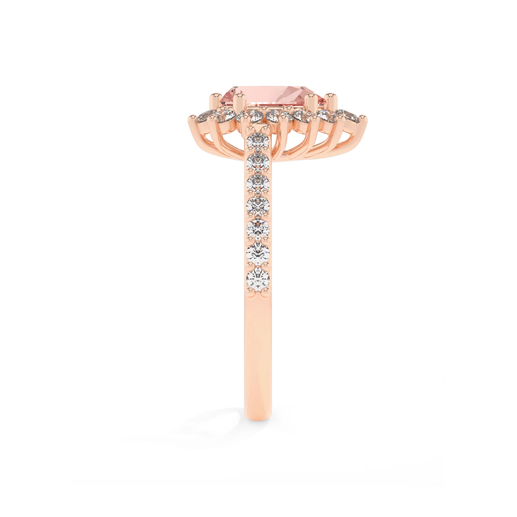 lab grown morganite pear solitaire rings in rose gold