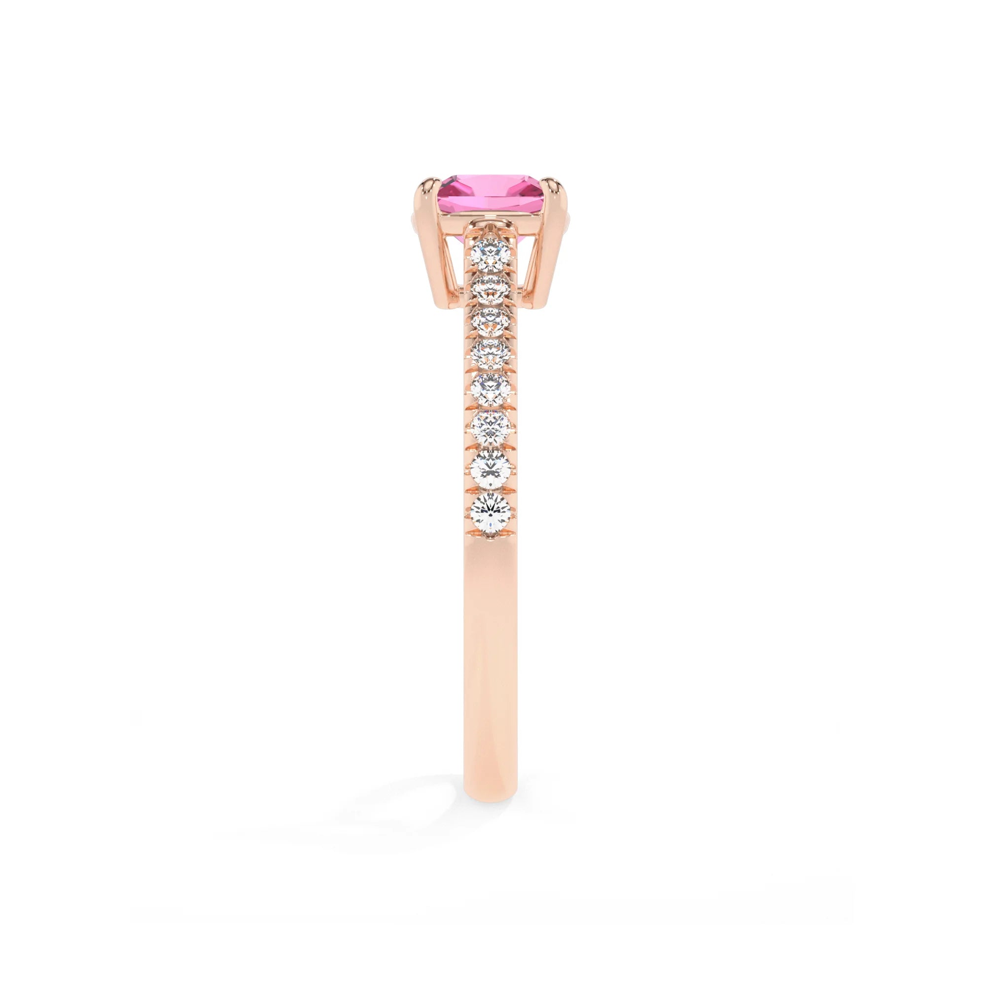 lab grown pink-sapphire cushion half eternity solitaire engagement rings in rose gold