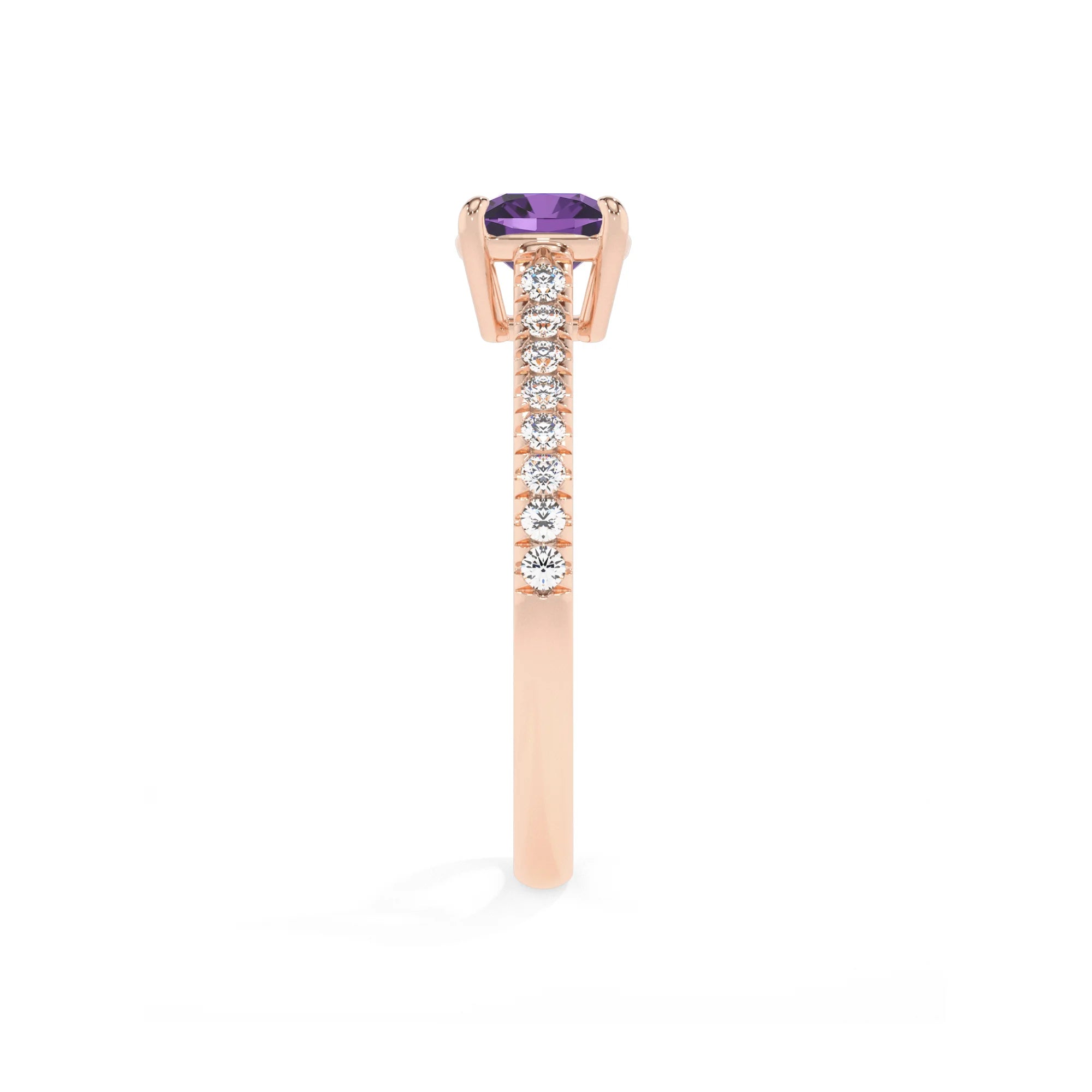 lab grown amethyst cushion half eternity solitaire engagement rings in rose gold