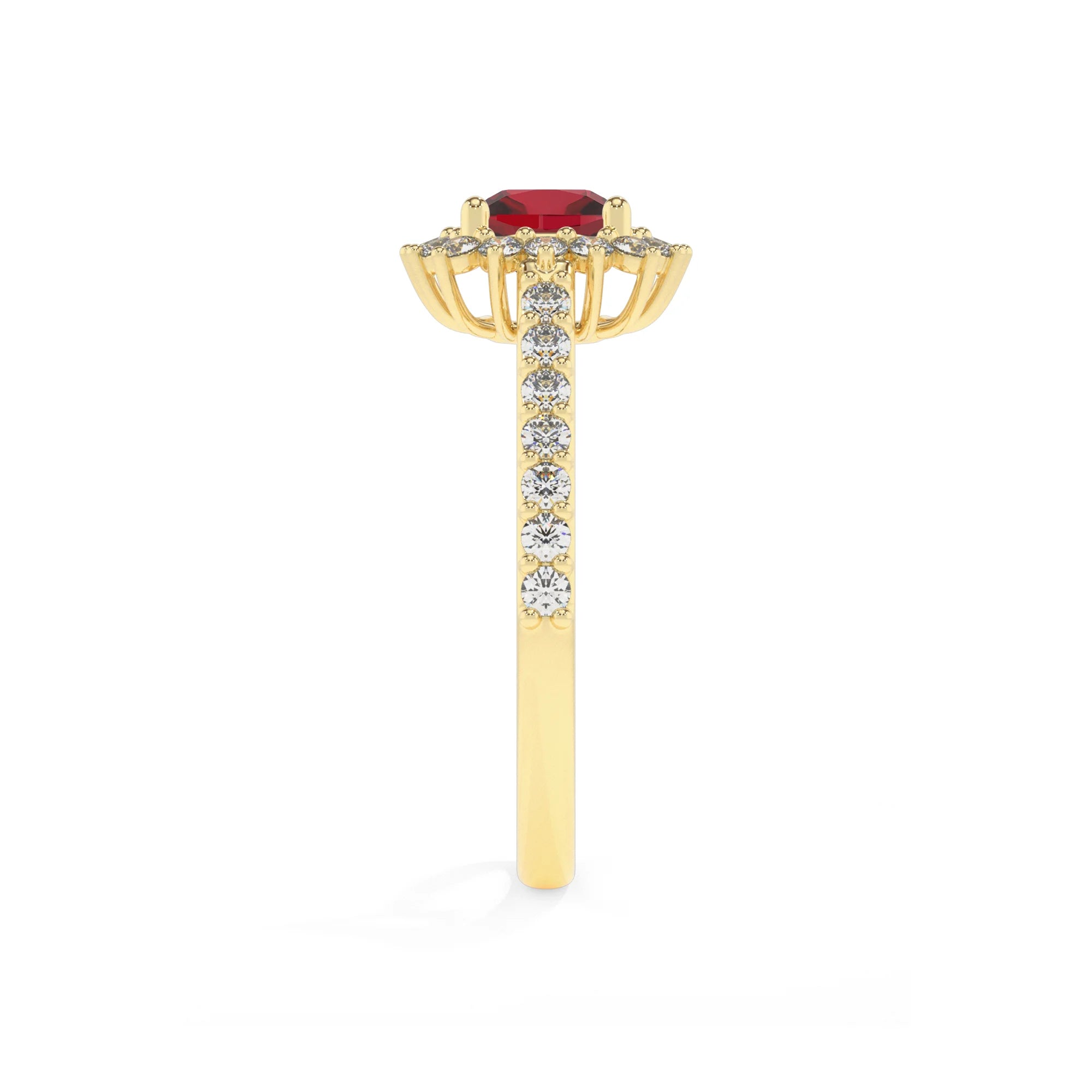 lab grown ruby cushion solitaire rings in yellow gold