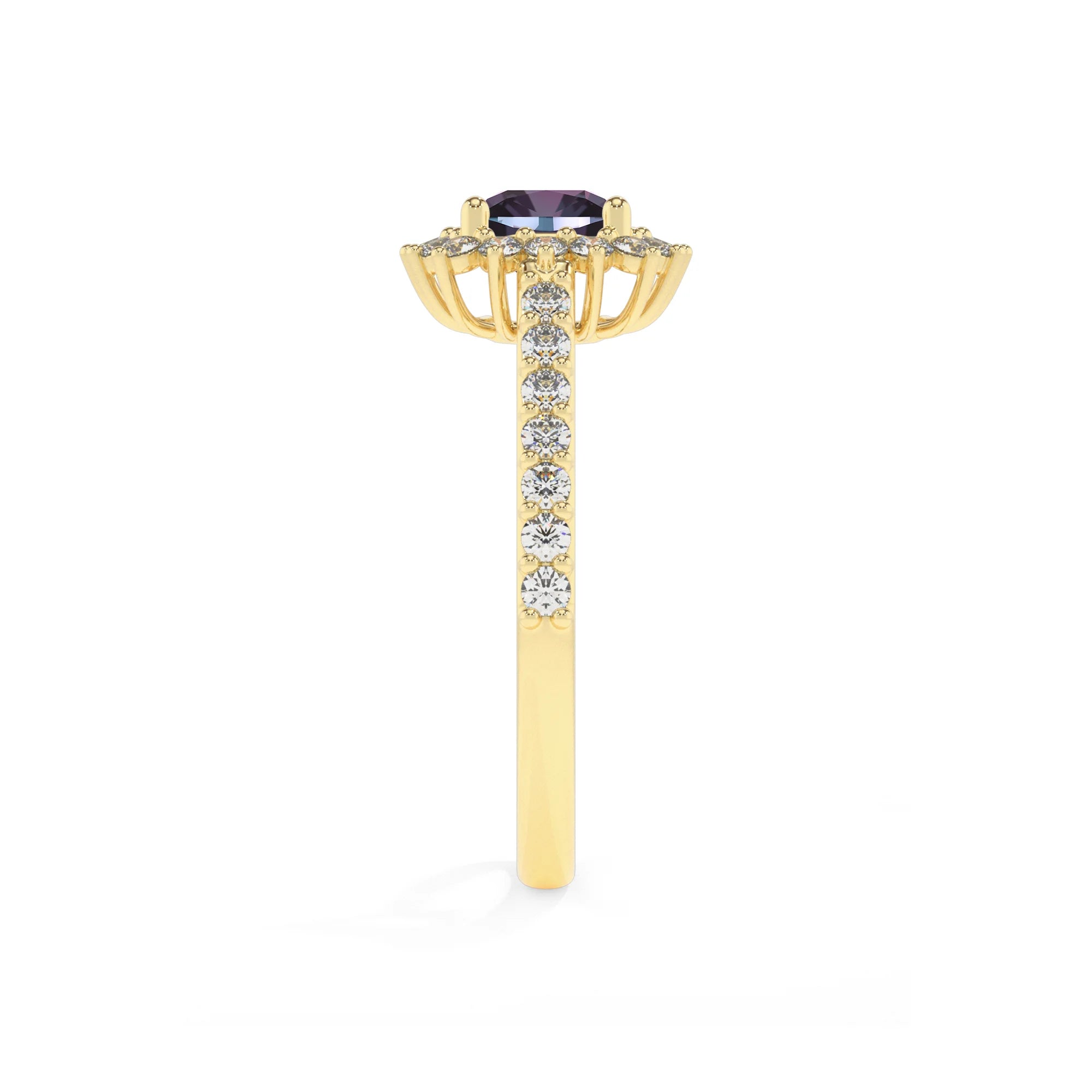 lab grown alexandrite cushion solitaire rings in yellow gold