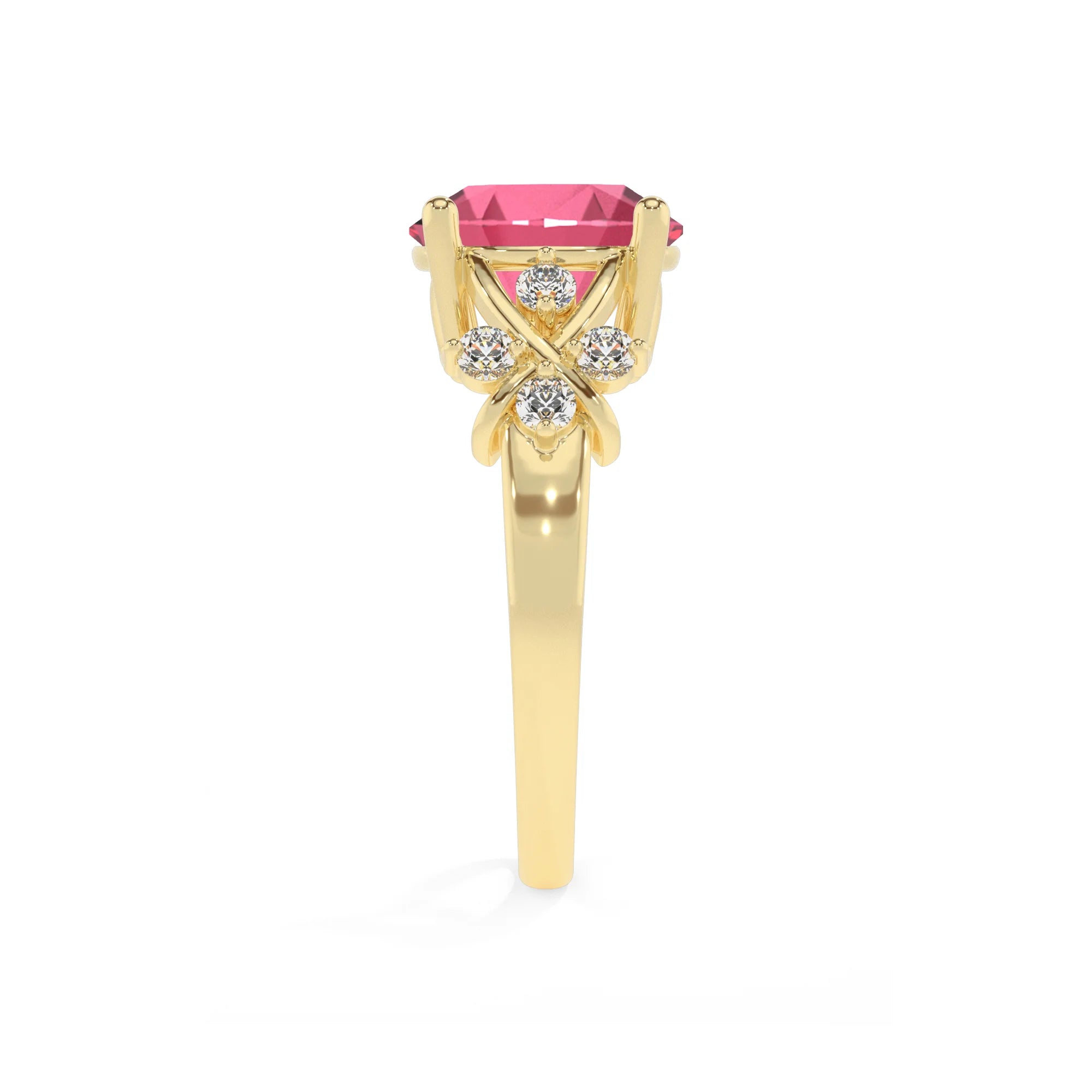 lab grown pink-tourmaline round solitaire rings in yellow gold
