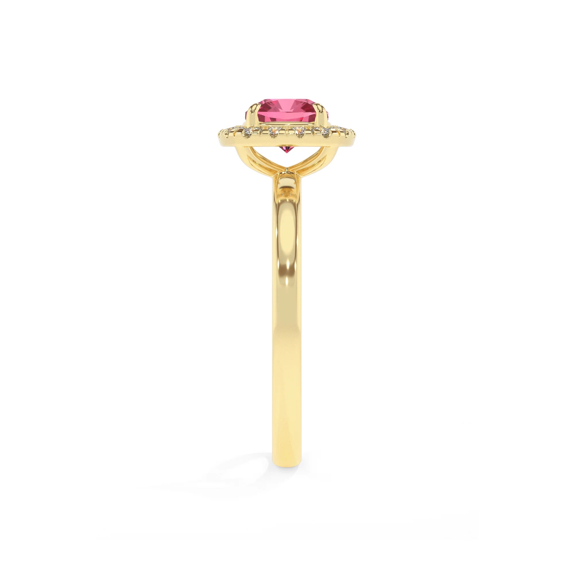 lab grown pink-tourmaline cushion solitaire rings in yellow gold