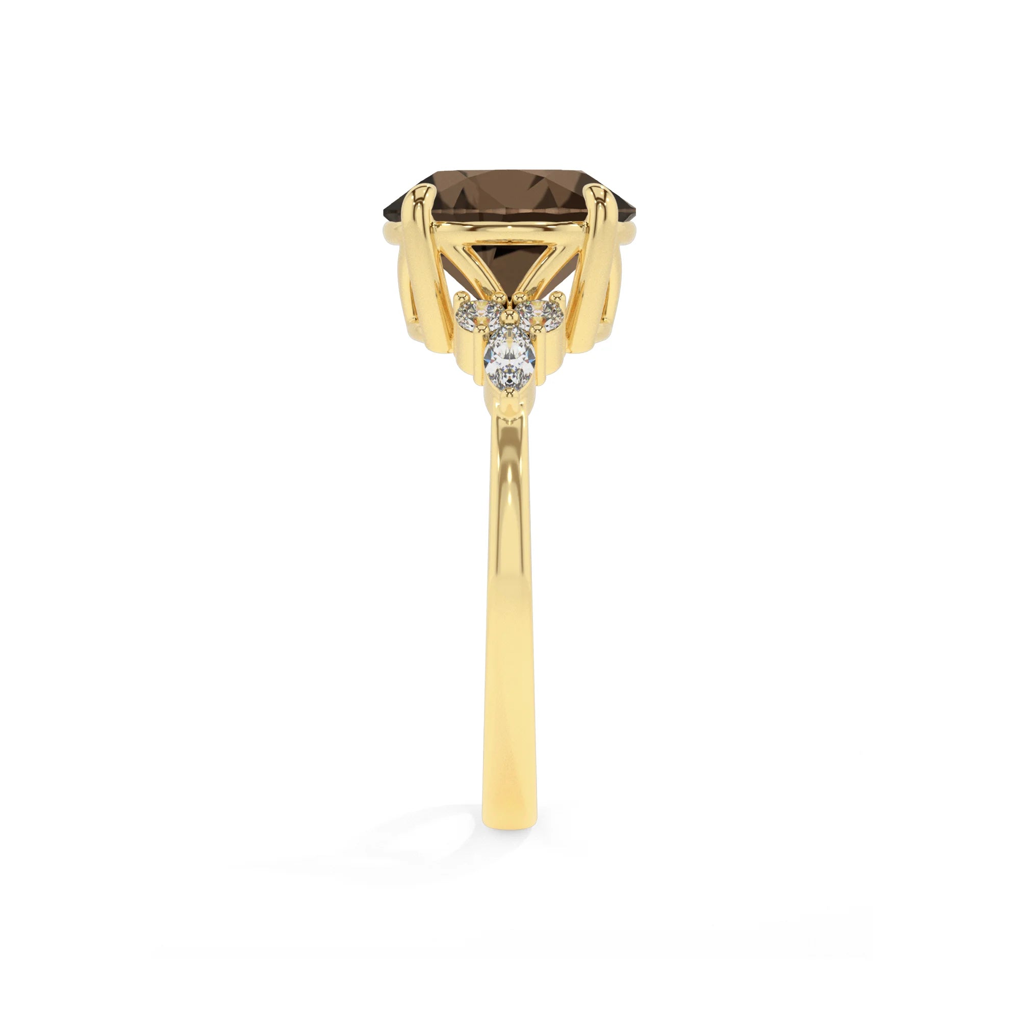 natural smoky-quartz round solitaire rings in yellow gold