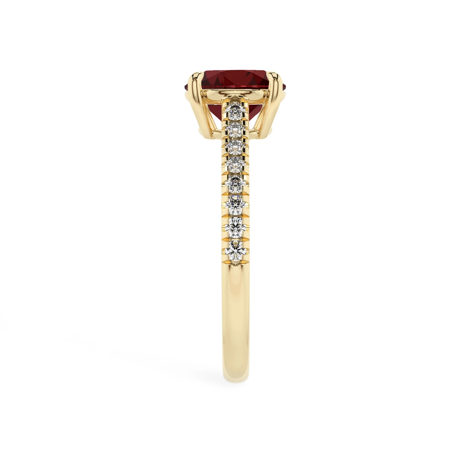 natural garnet round half eternity solitaire engagement rings in yellow gold