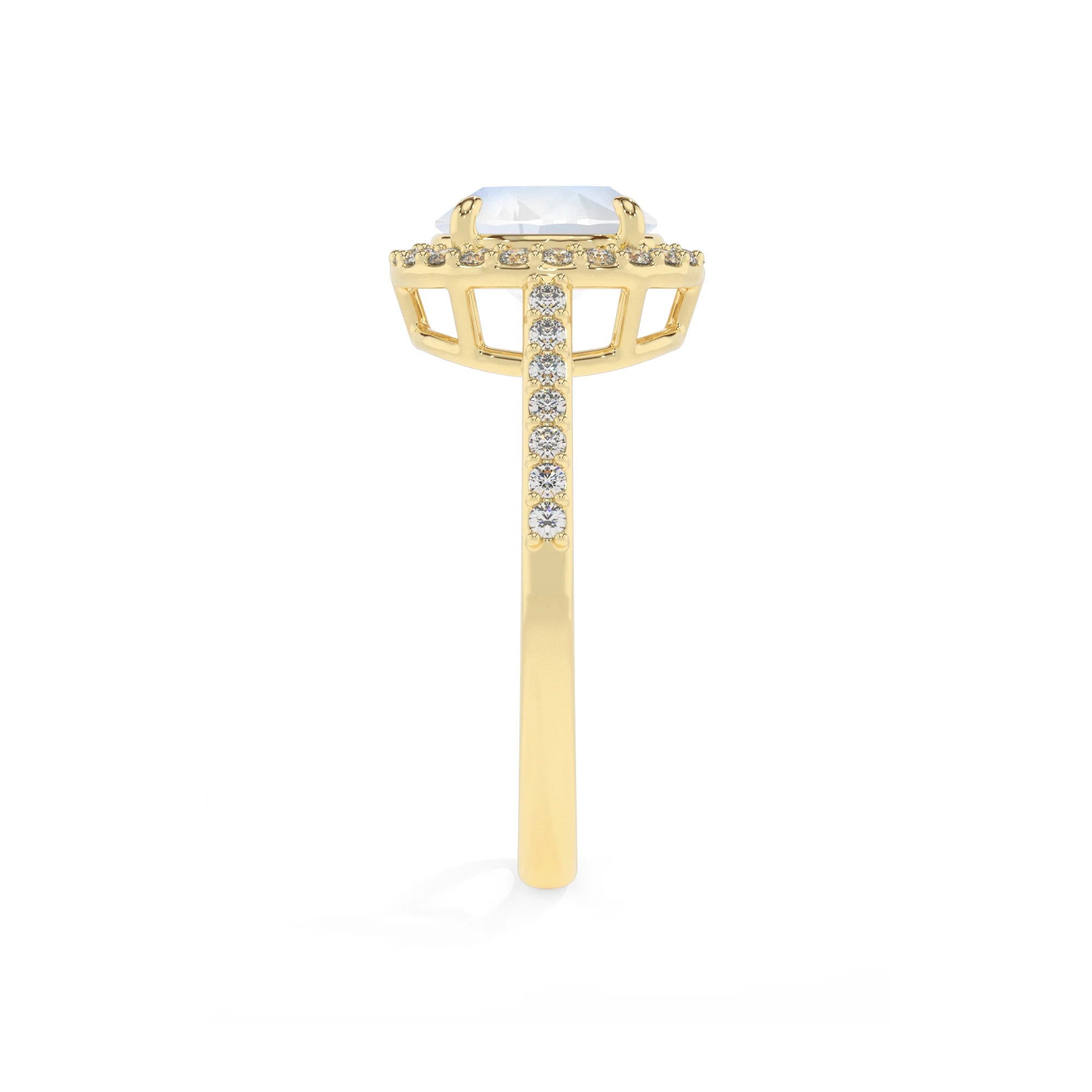 natural rainbow-moonstone round solitaire rings in yellow gold