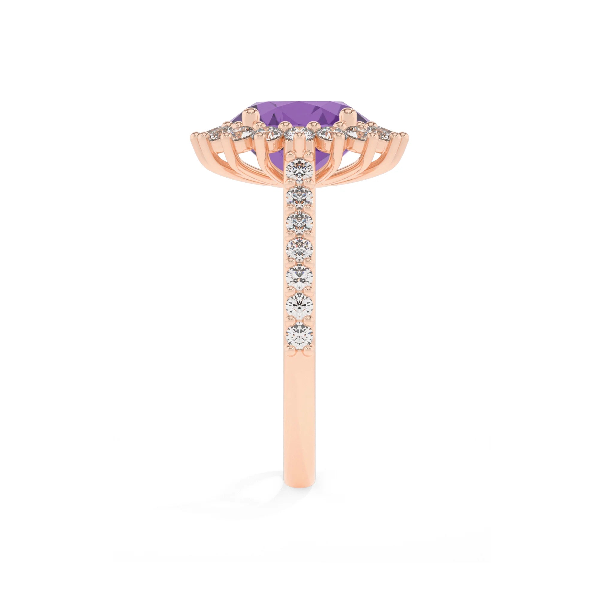 lab grown amethyst round solitaire rings in rose gold