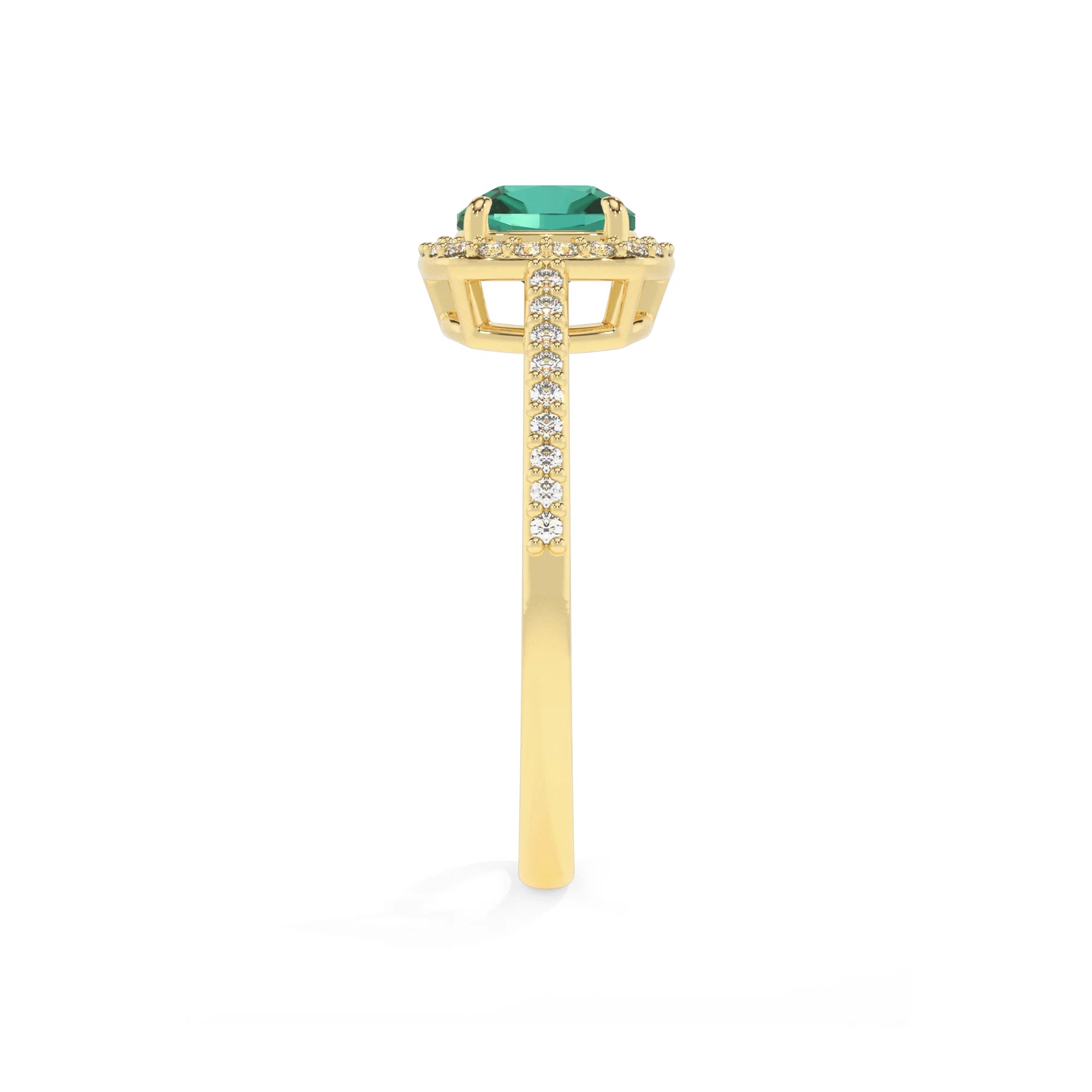 lab grown emerald cushion solitaire rings in yellow gold