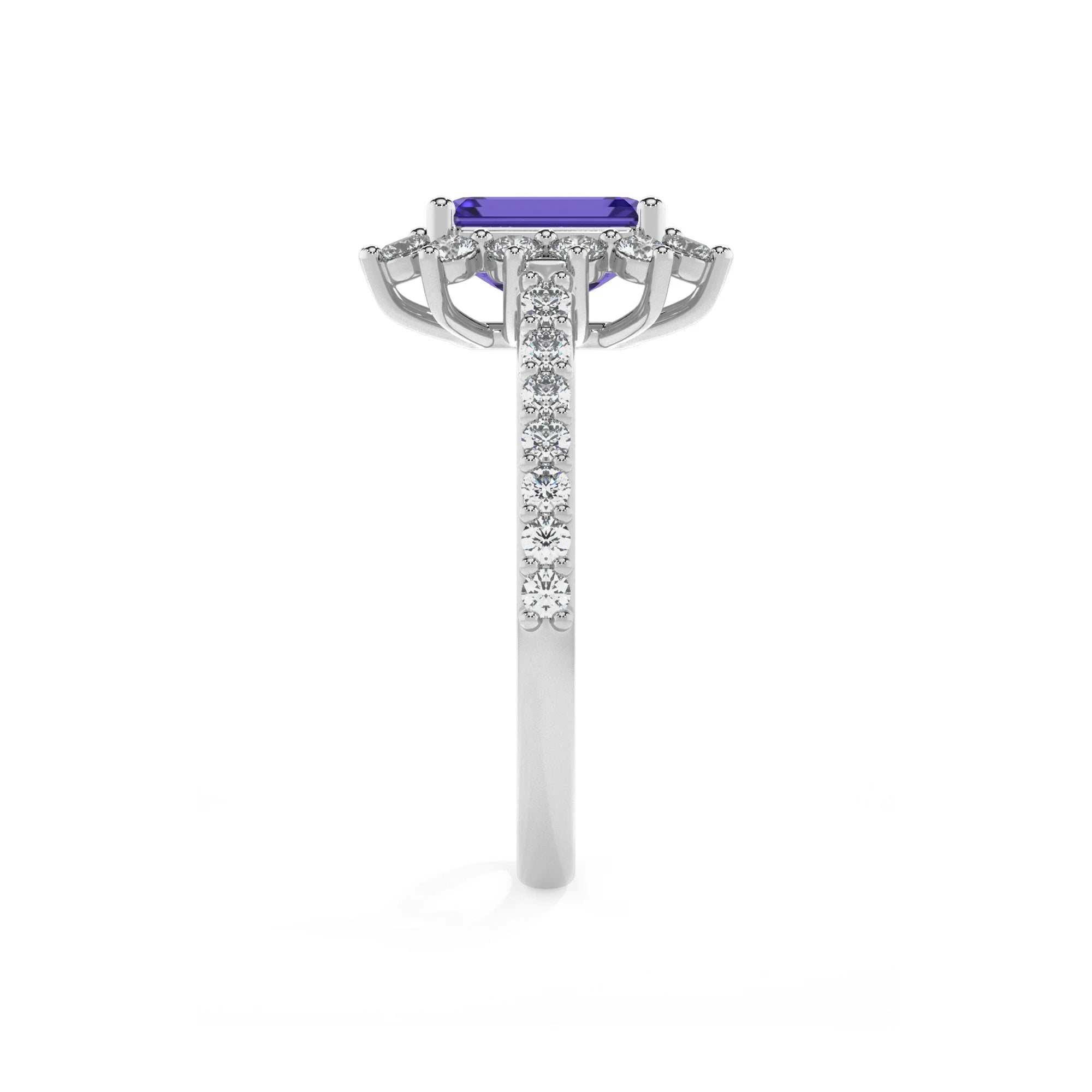 lab grown tanzanite emerald cut solitaire rings in white gold