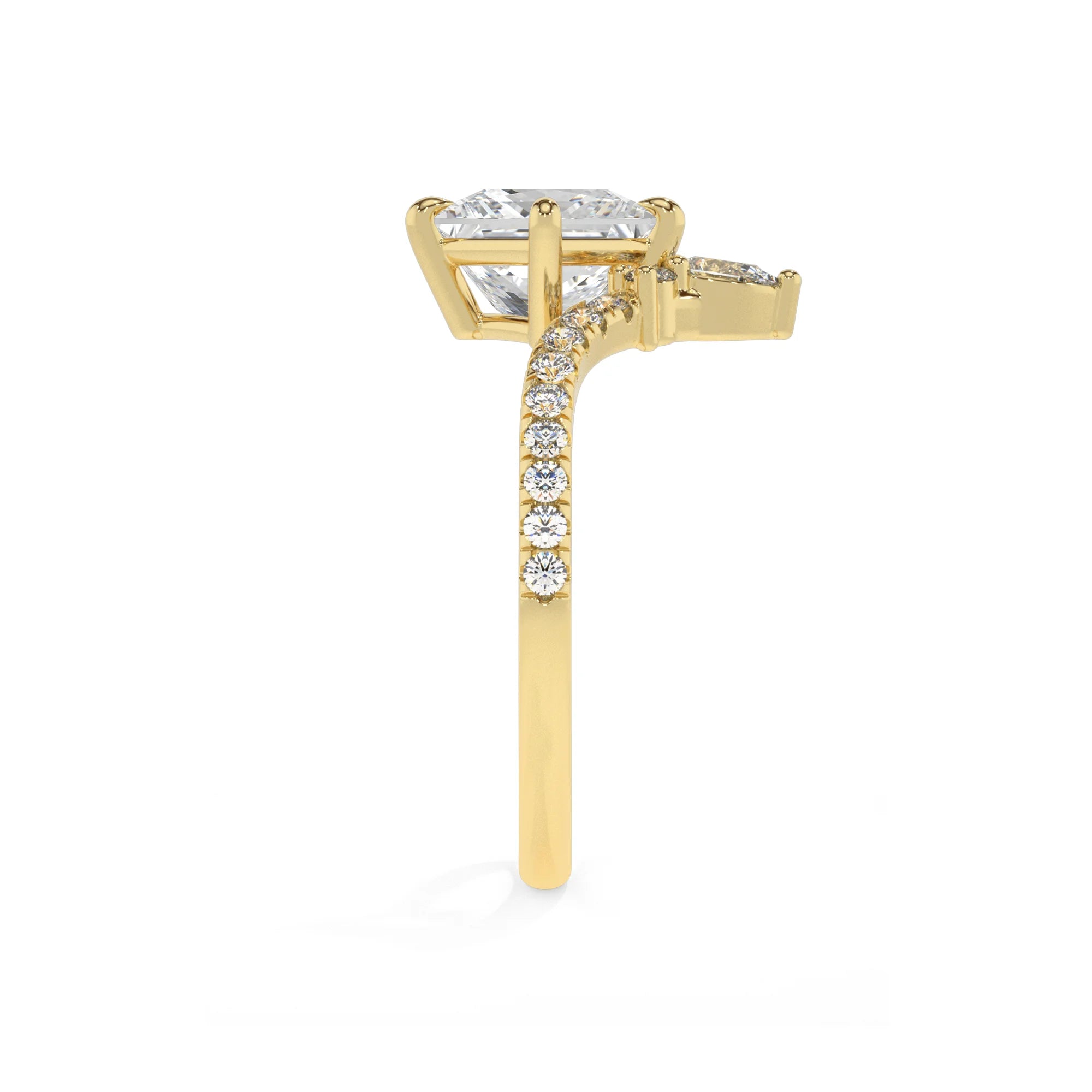 lab grown moissanite princess solitaire rings in yellow gold