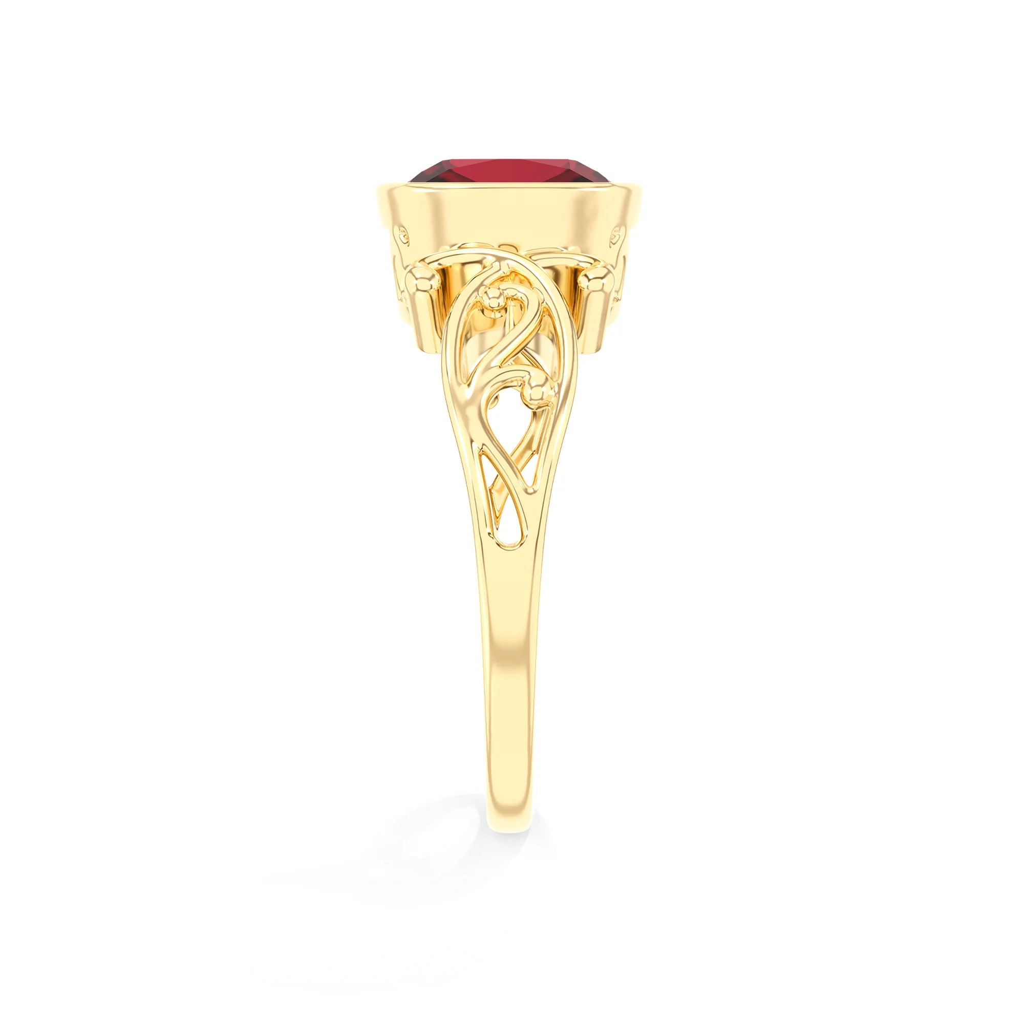 lab grown ruby cushion solitaire rings in yellow gold