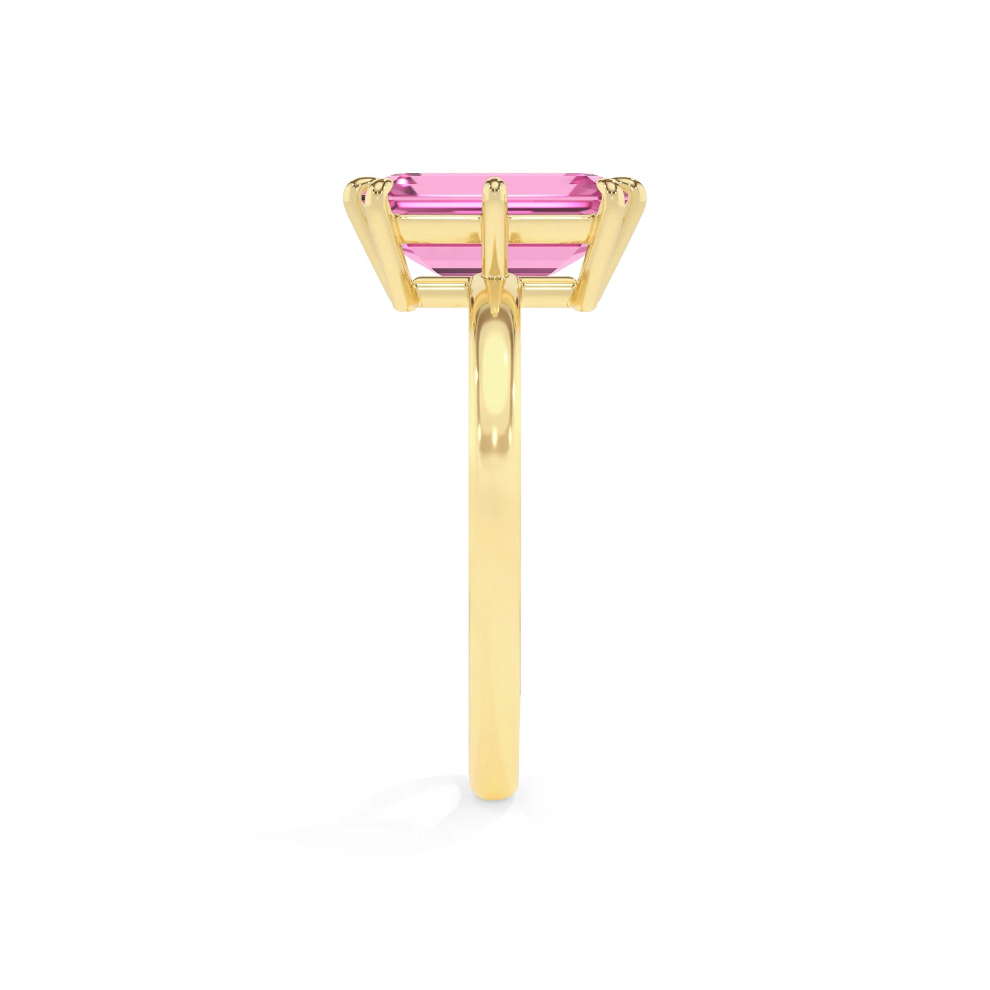lab grown pink-sapphire emerald cut solitaire rings in yellow gold