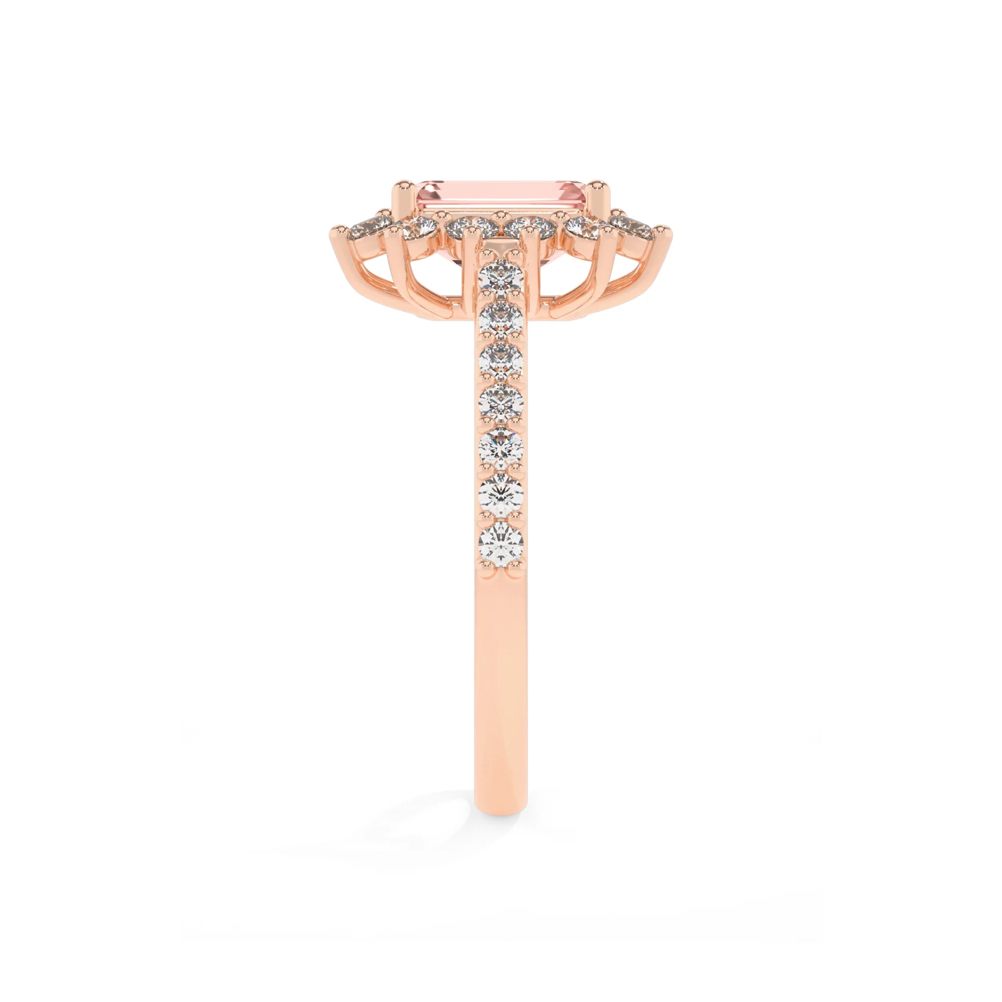 lab grown morganite emerald cut solitaire rings in rose gold