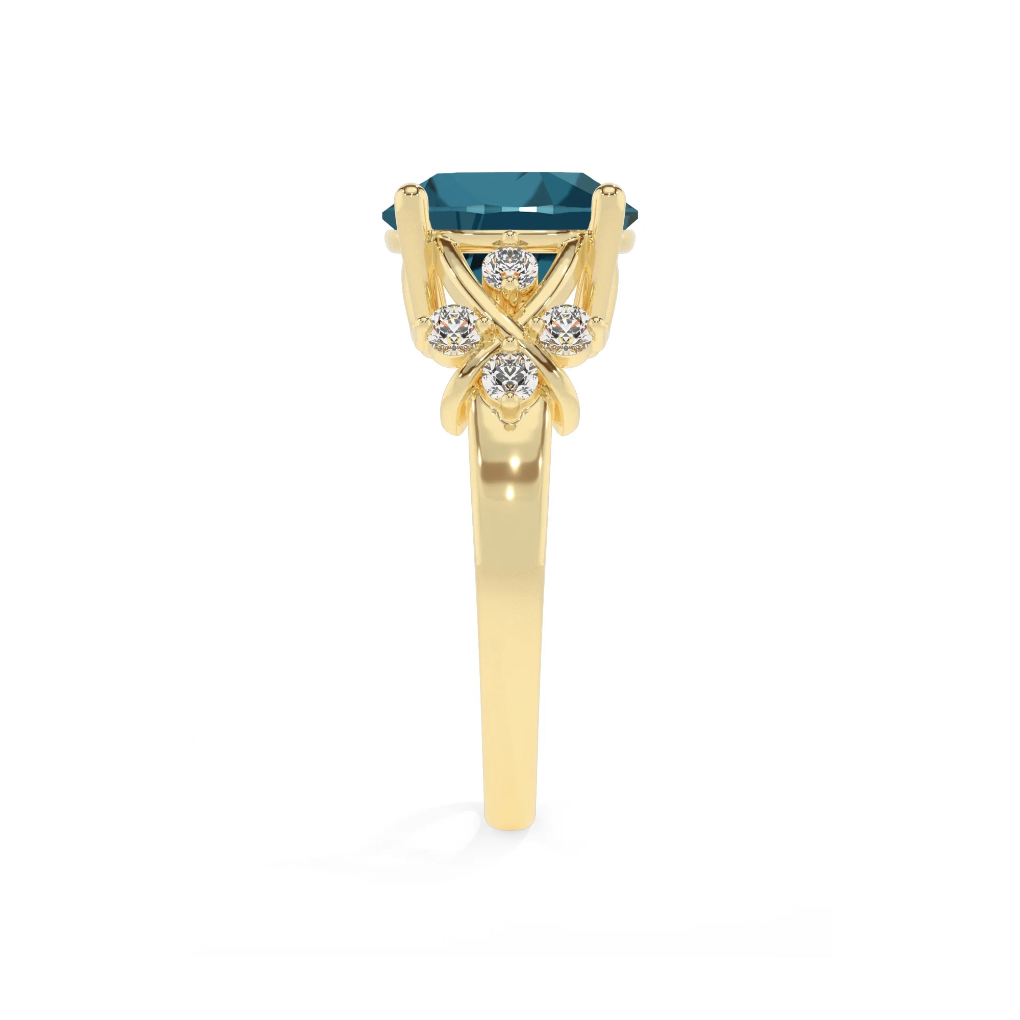 natural london-blue-topaz round solitaire rings in yellow gold