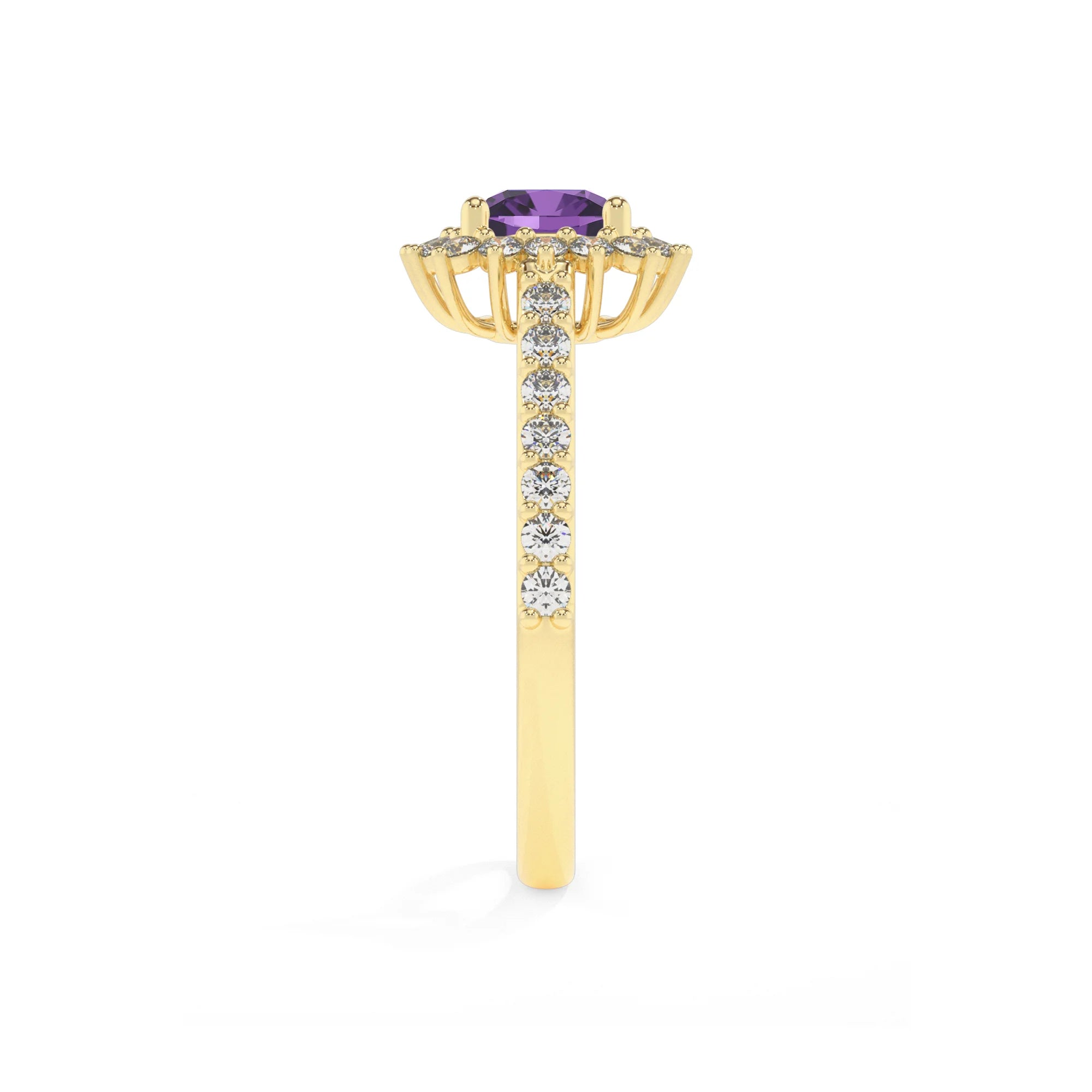 lab grown amethyst cushion solitaire rings in yellow gold