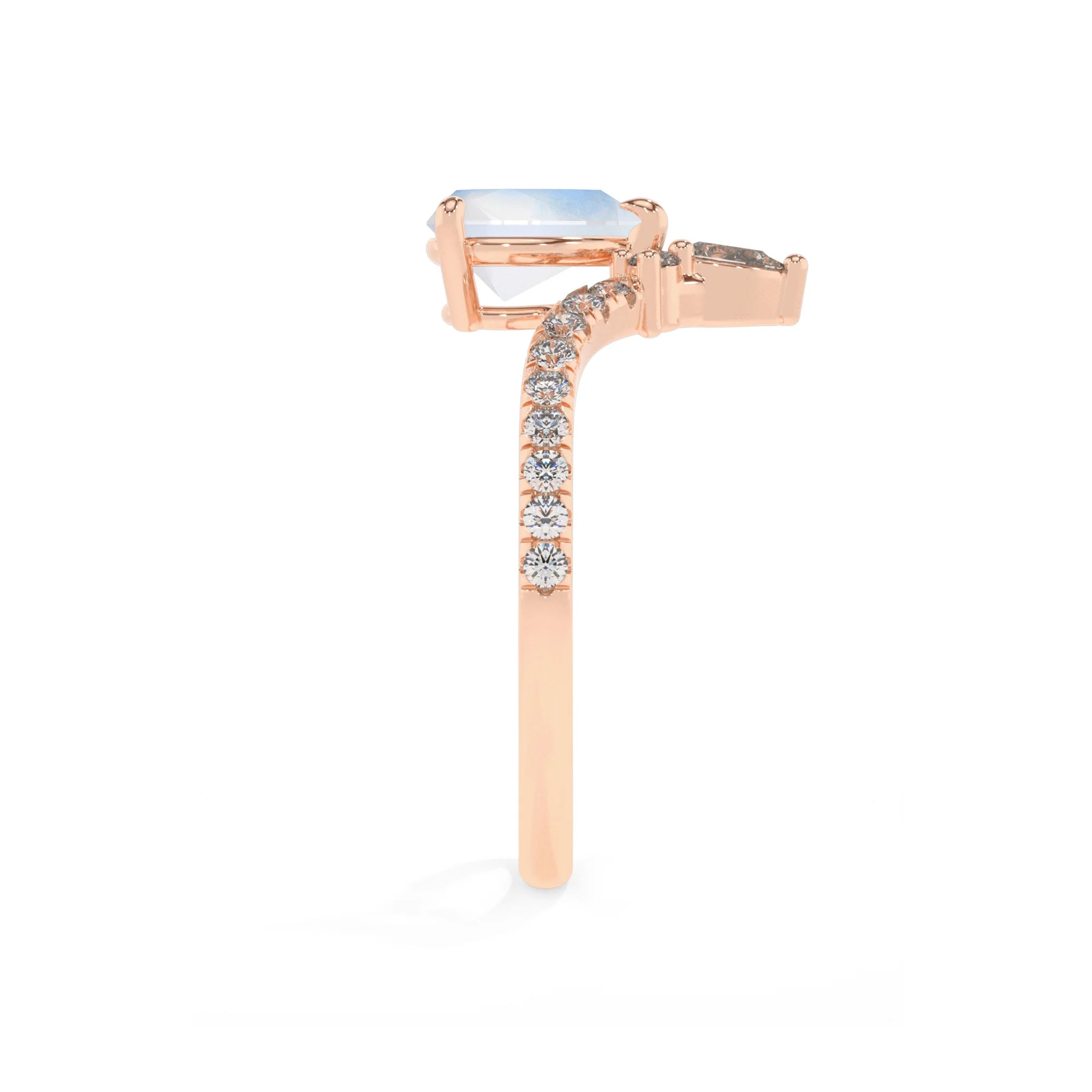 natural rainbow-moonstone pear solitaire rings in rose gold
