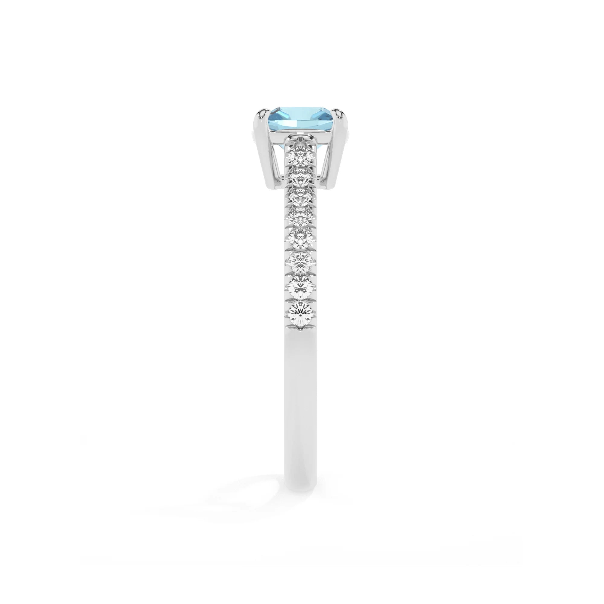 lab grown aquamarine cushion half eternity solitaire engagement rings in platinum