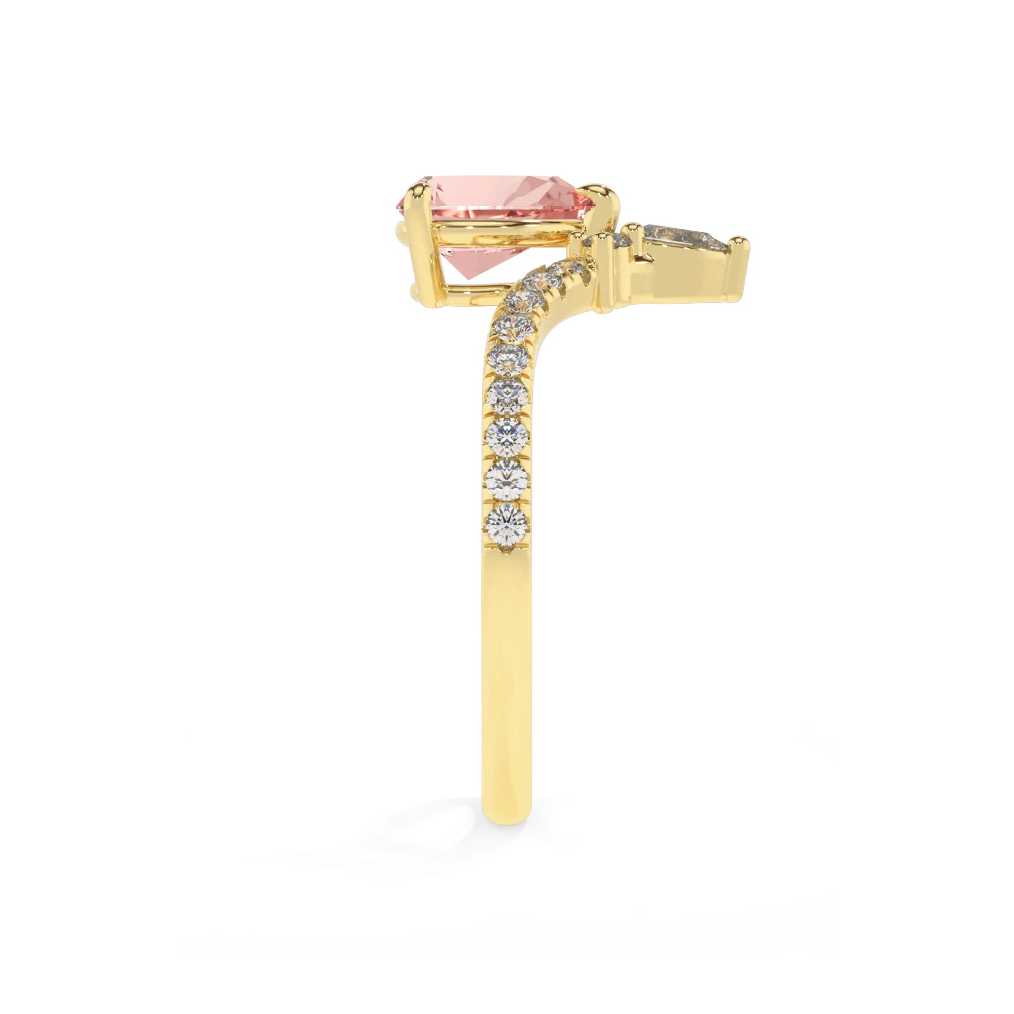 lab grown morganite pear solitaire rings in yellow gold