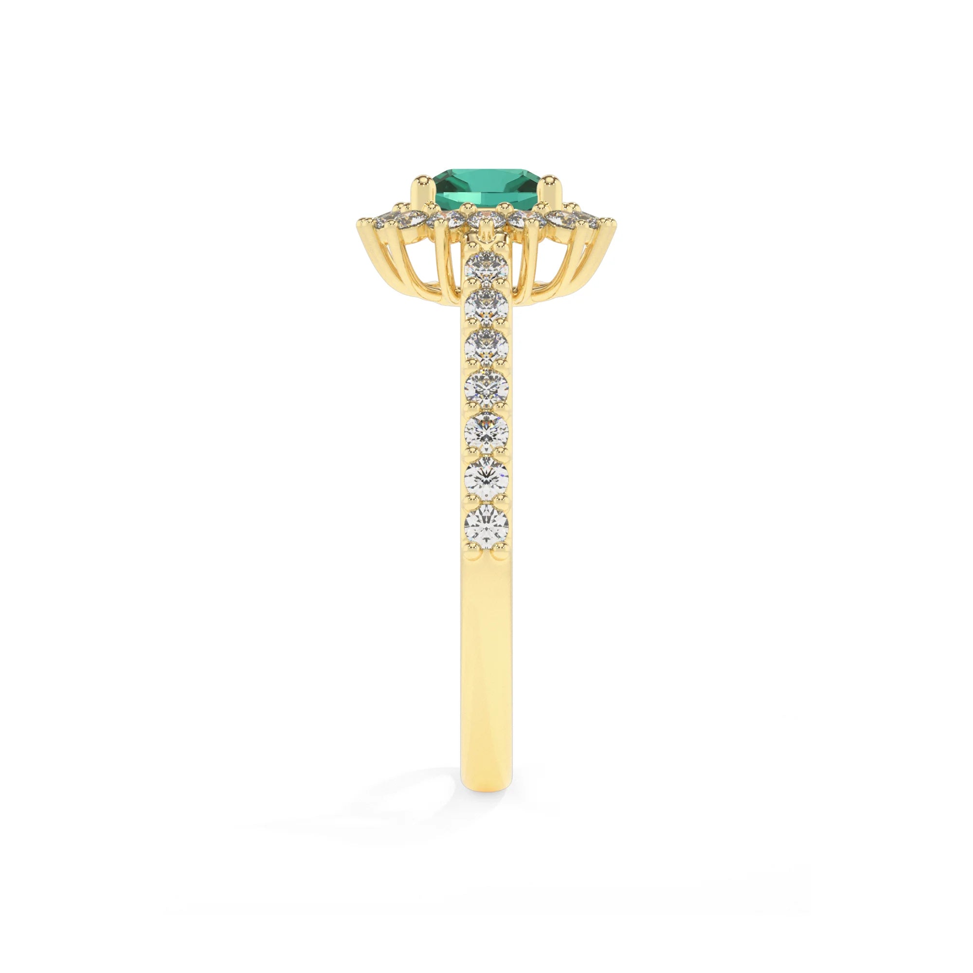 lab grown emerald cushion solitaire rings in yellow gold
