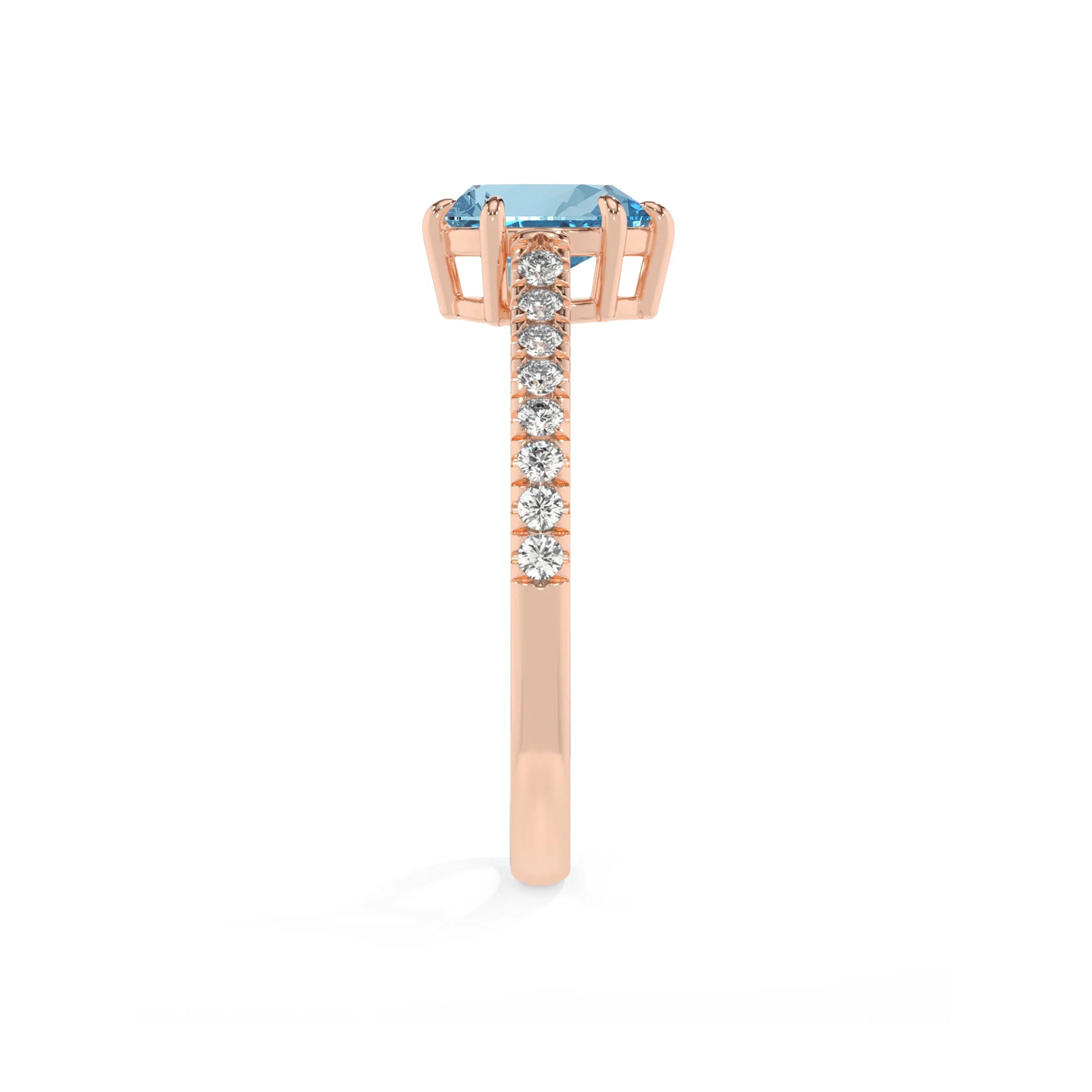 lab grown aquamarine pear half eternity solitaire engagement rings in rose gold