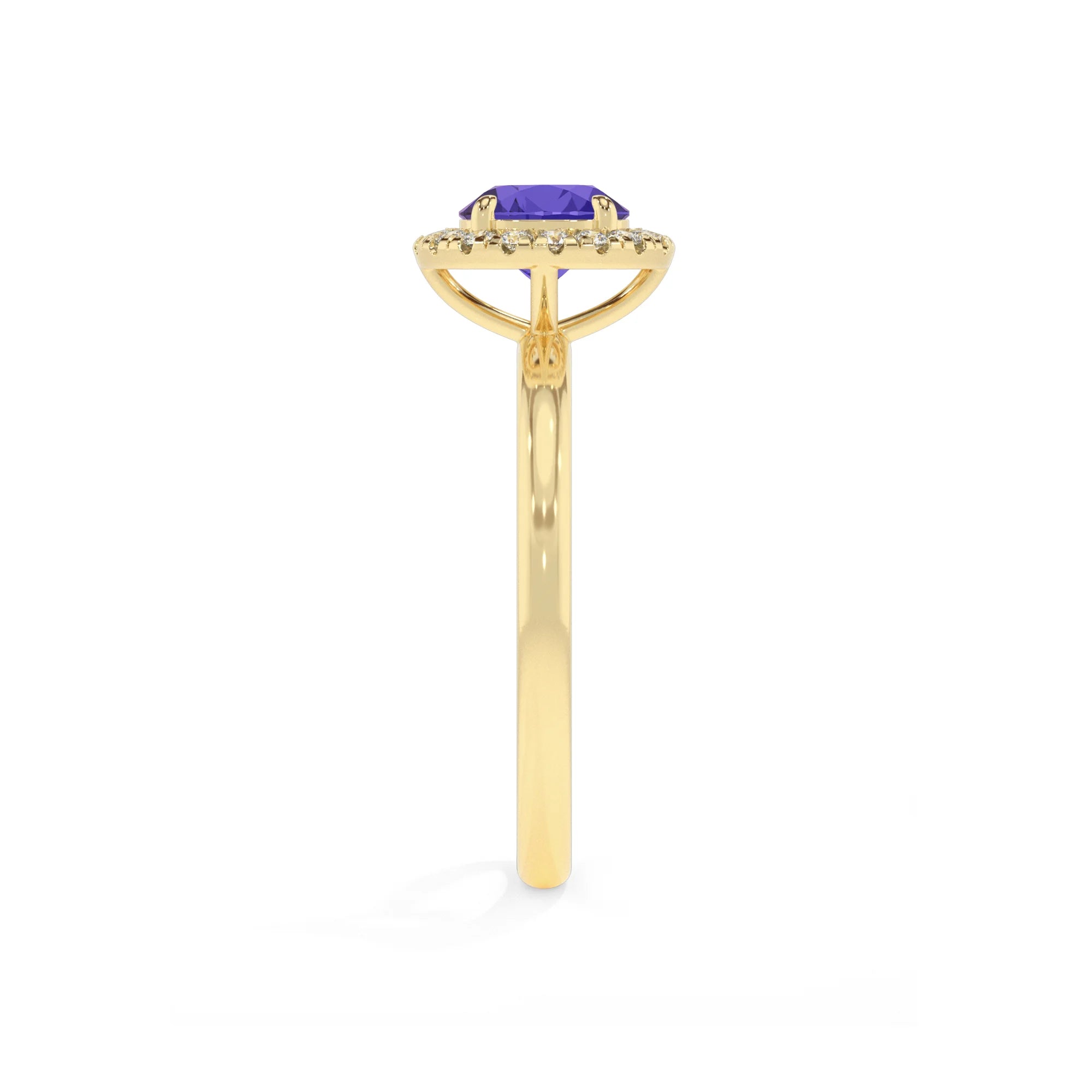 lab grown tanzanite round solitaire rings in yellow gold