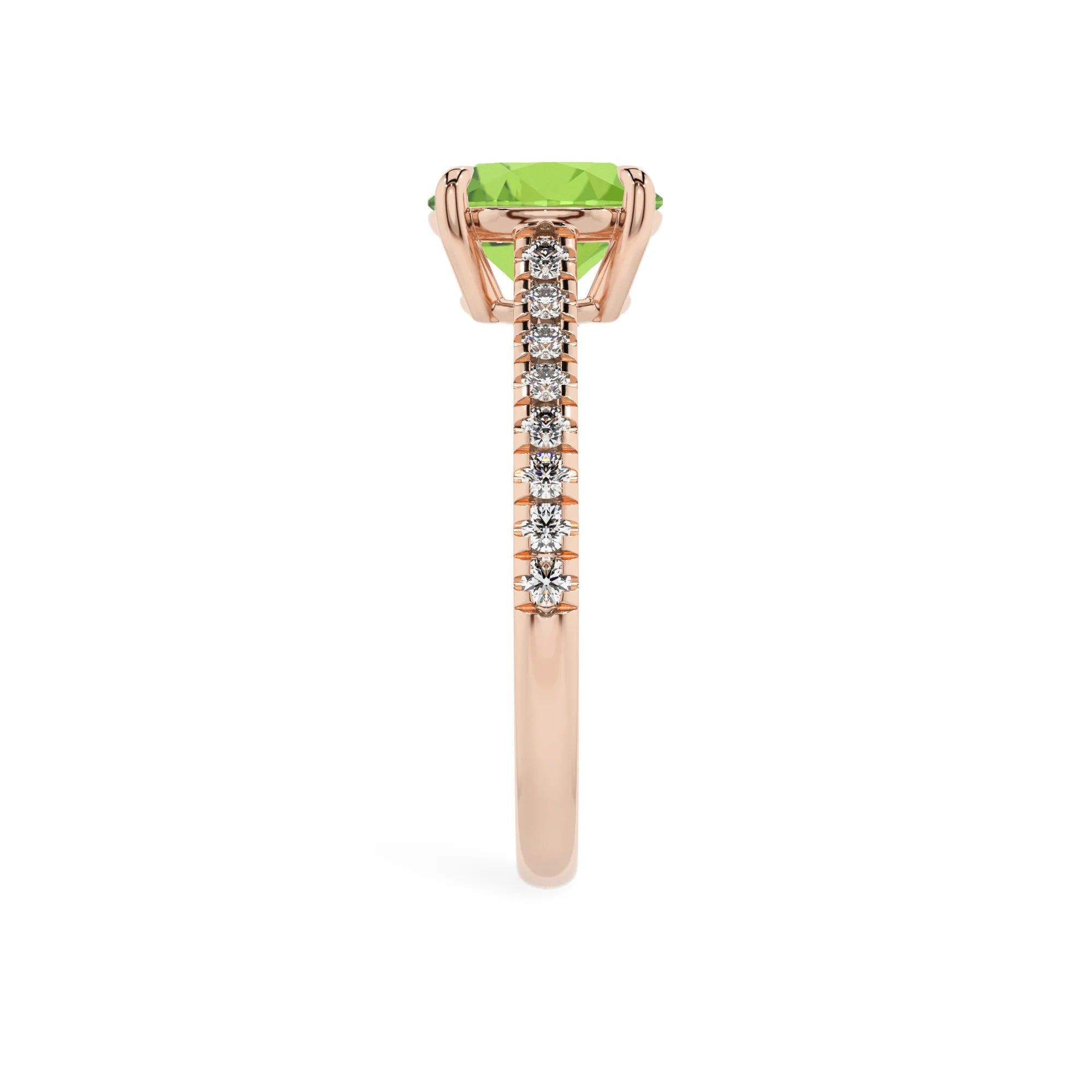 natural peridot round half eternity solitaire engagement rings in rose gold