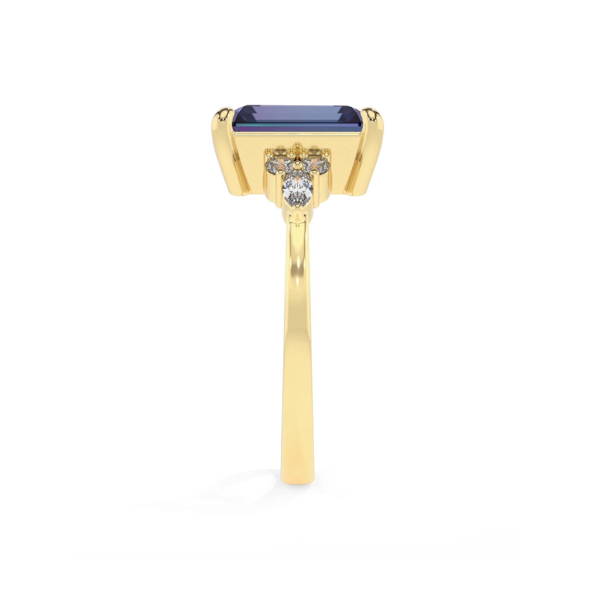 lab grown alexandrite emerald cut solitaire rings in yellow gold