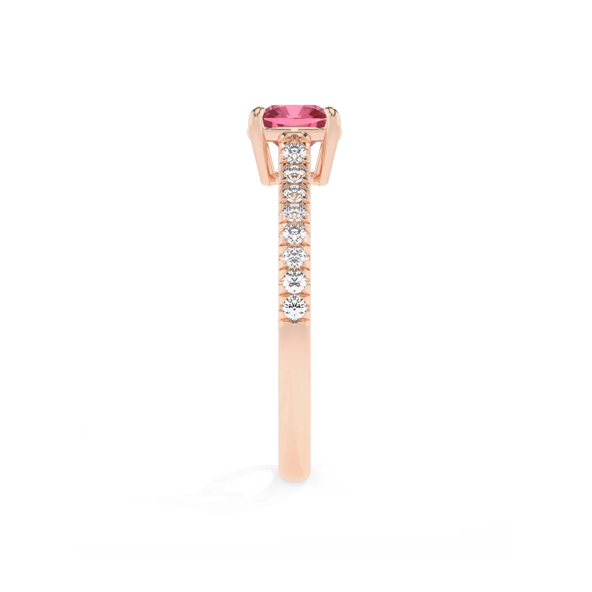 lab grown pink-tourmaline cushion half eternity solitaire engagement rings in rose gold