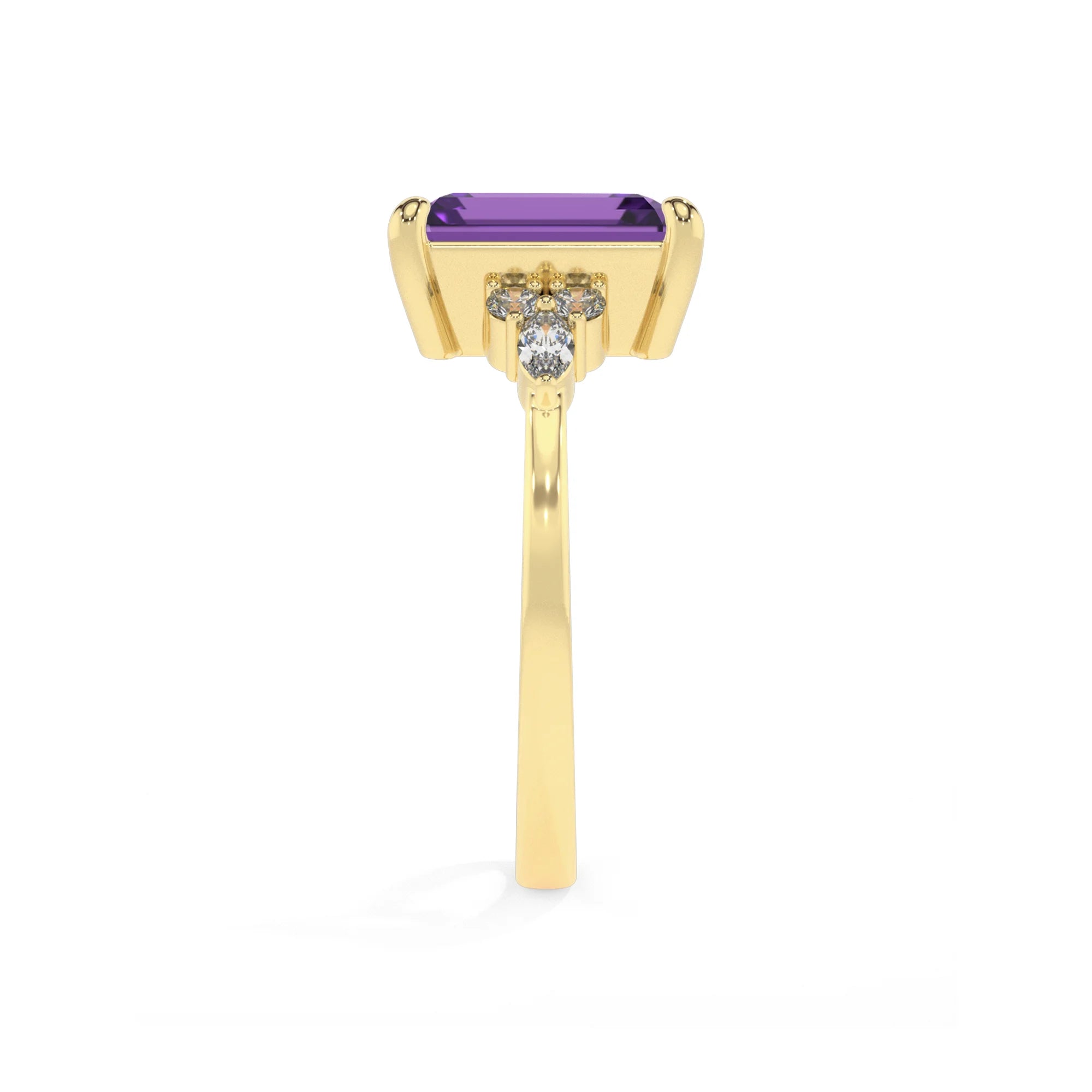 lab grown amethyst emerald cut solitaire rings in yellow gold