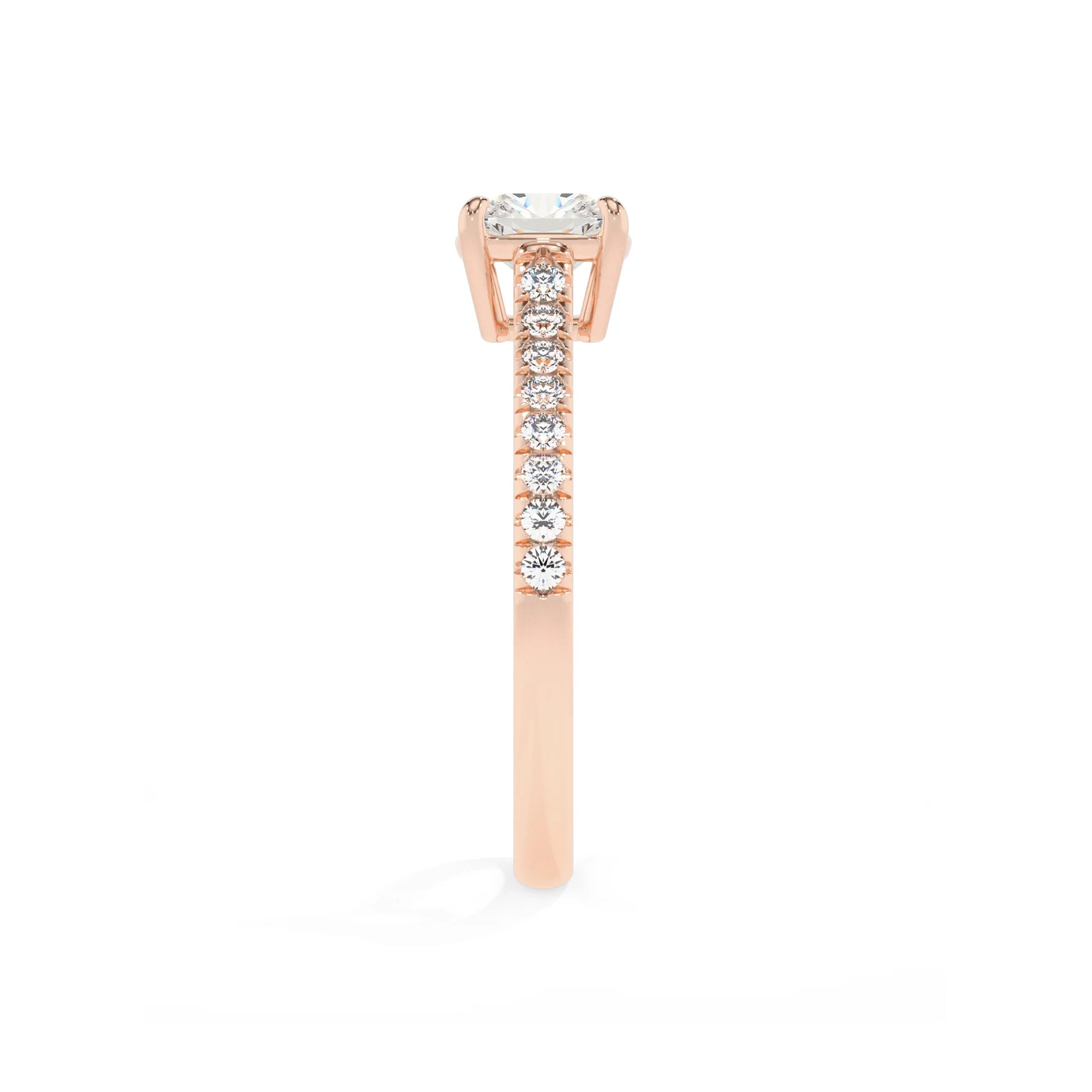 lab grown moissanite cushion half eternity solitaire engagement rings in rose gold