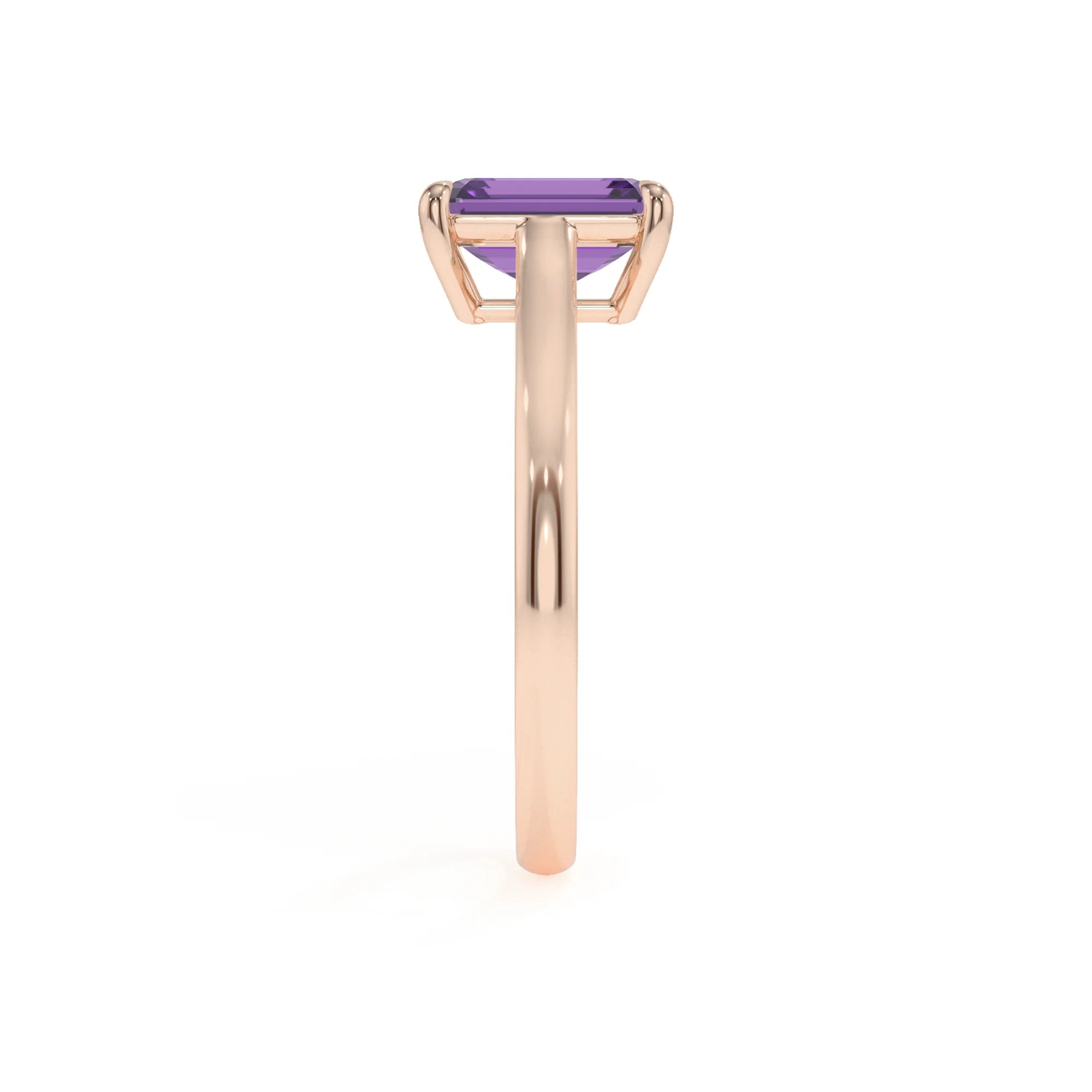 lab grown amethyst emerald cut solitaire rings in rose gold