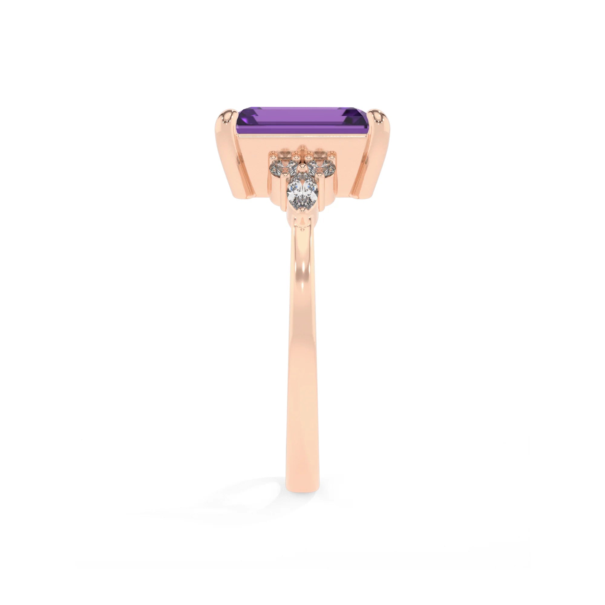 lab grown amethyst emerald cut solitaire rings in rose gold