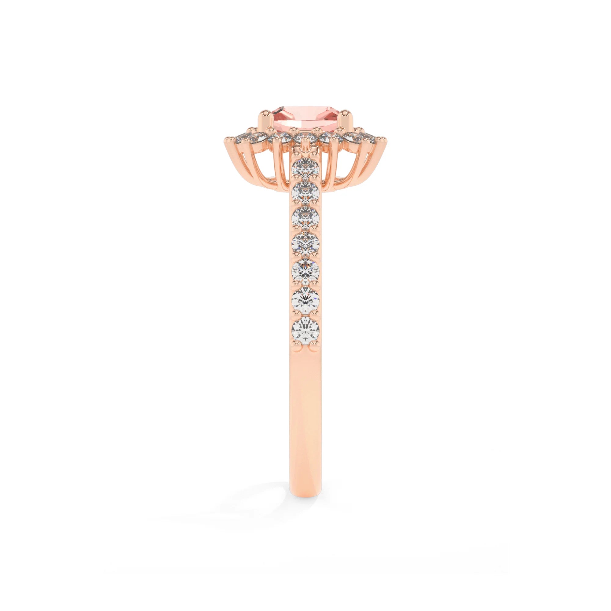 lab grown morganite cushion solitaire rings in rose gold