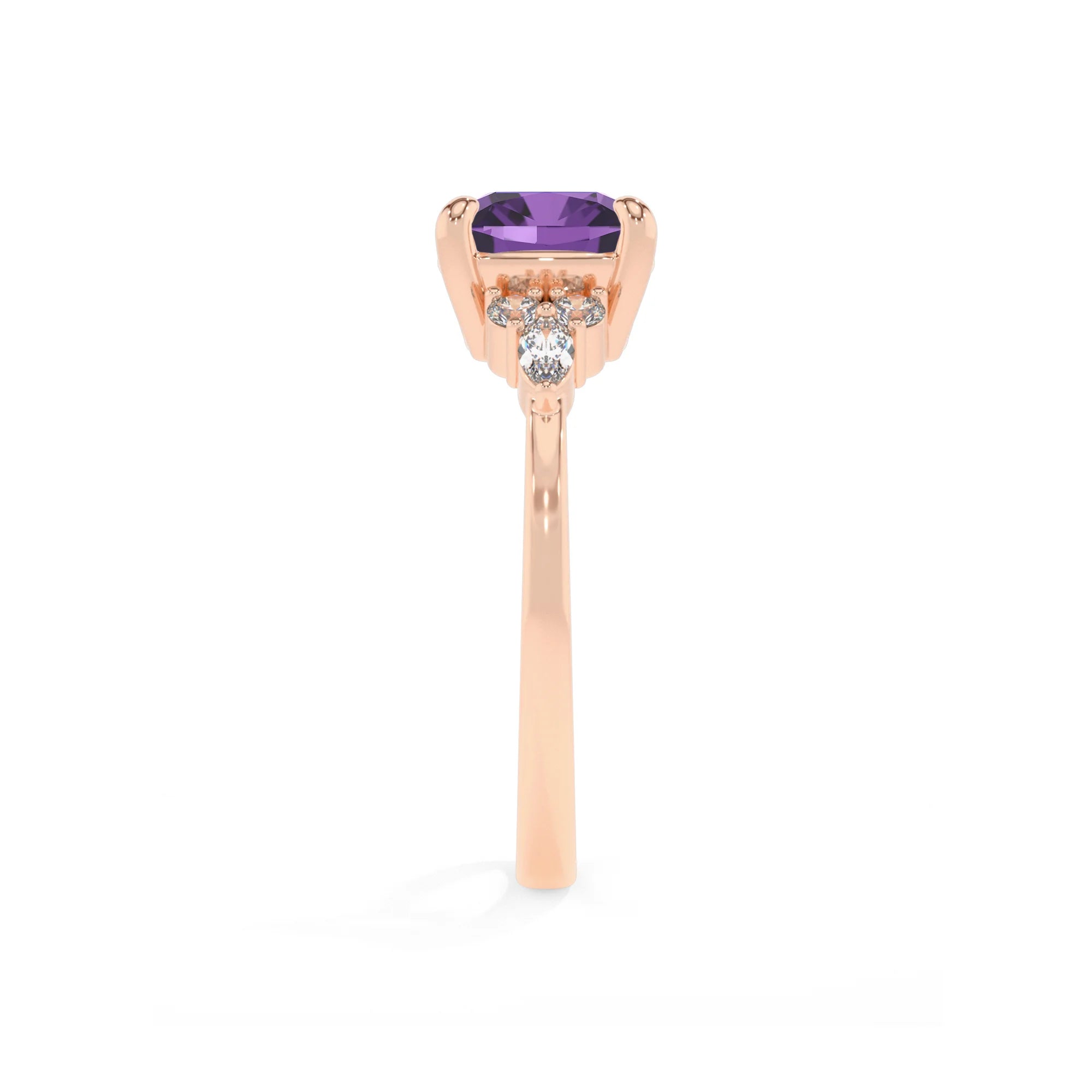 lab grown amethyst cushion solitaire rings in rose gold