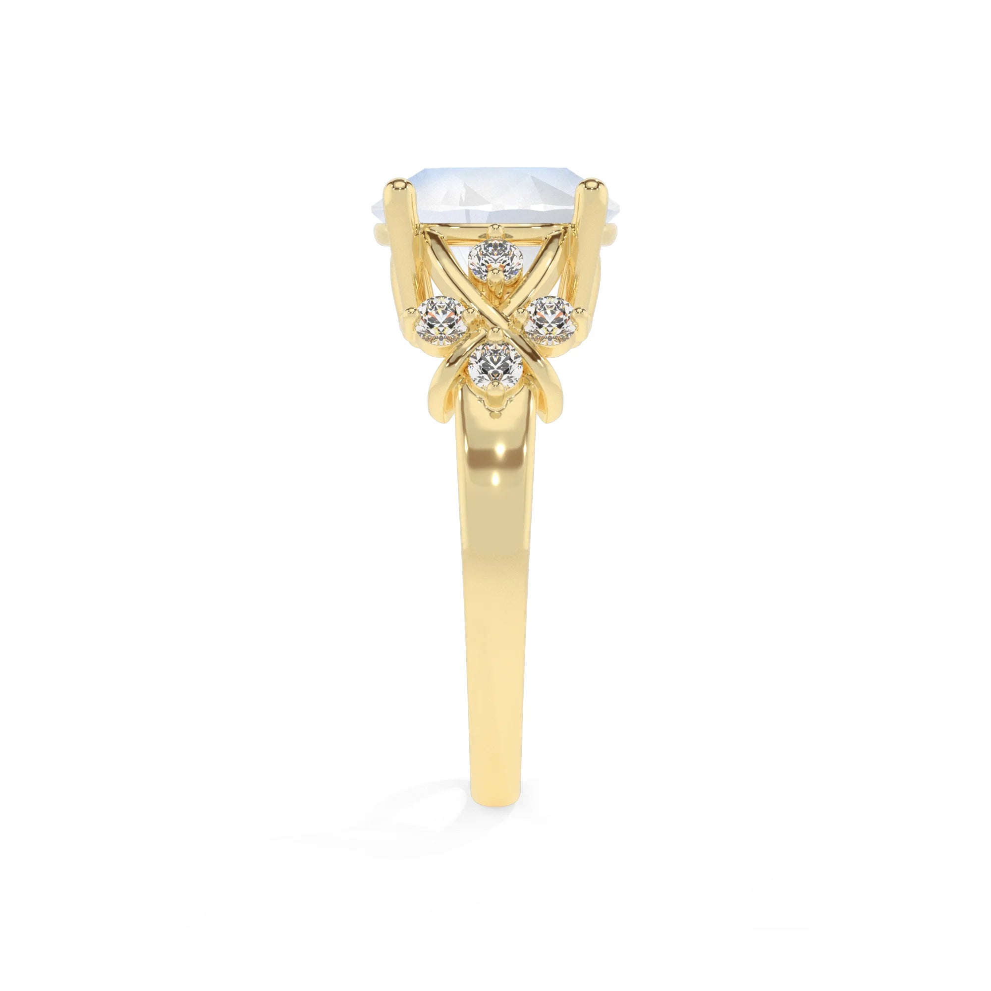 natural rainbow-moonstone round solitaire rings in yellow gold