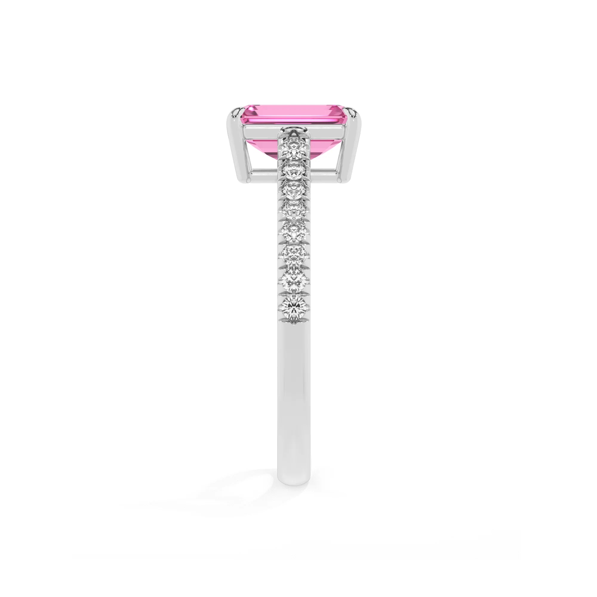 lab grown pink-sapphire emerald cut half eternity solitaire engagement rings in white gold