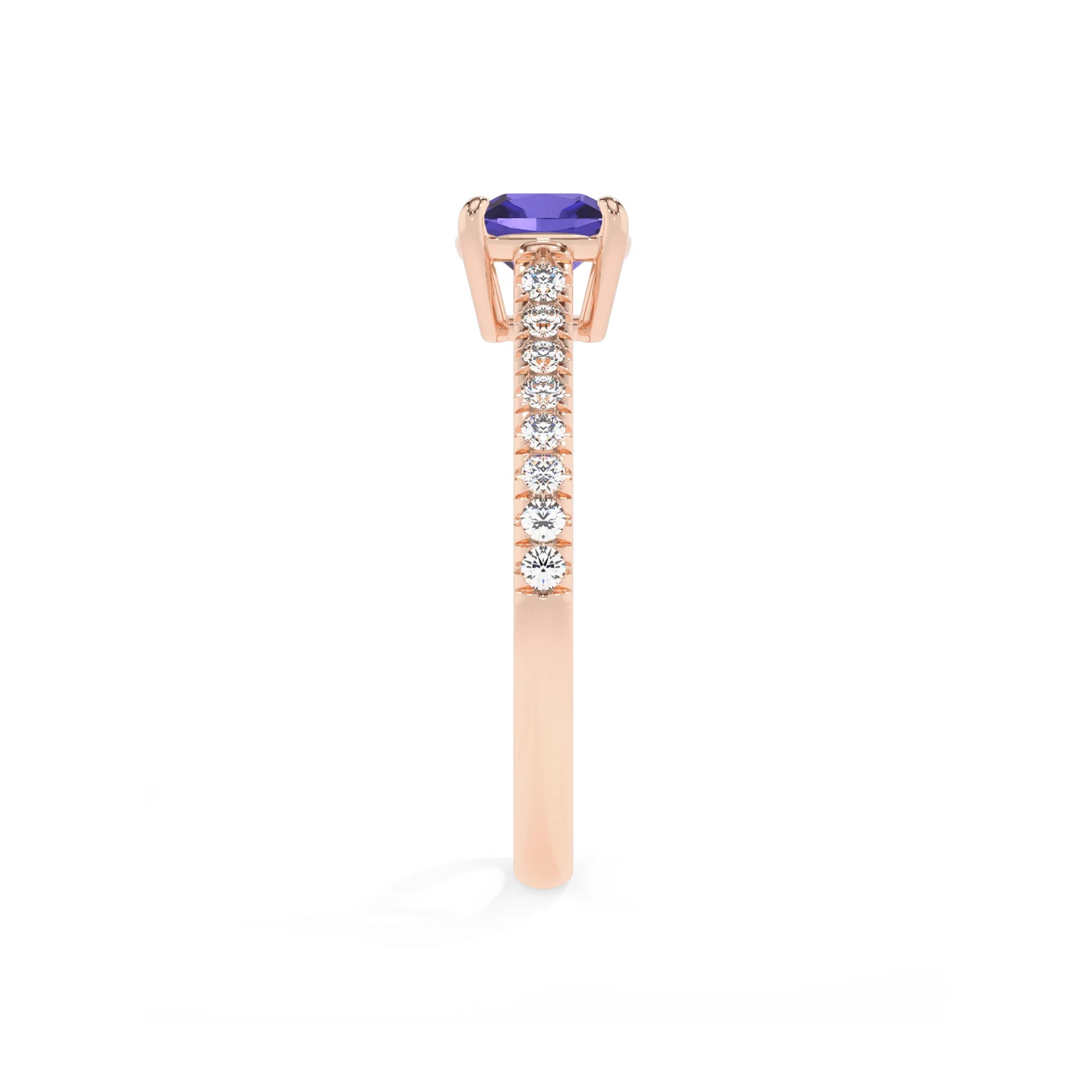 lab grown tanzanite cushion half eternity solitaire engagement rings in rose gold