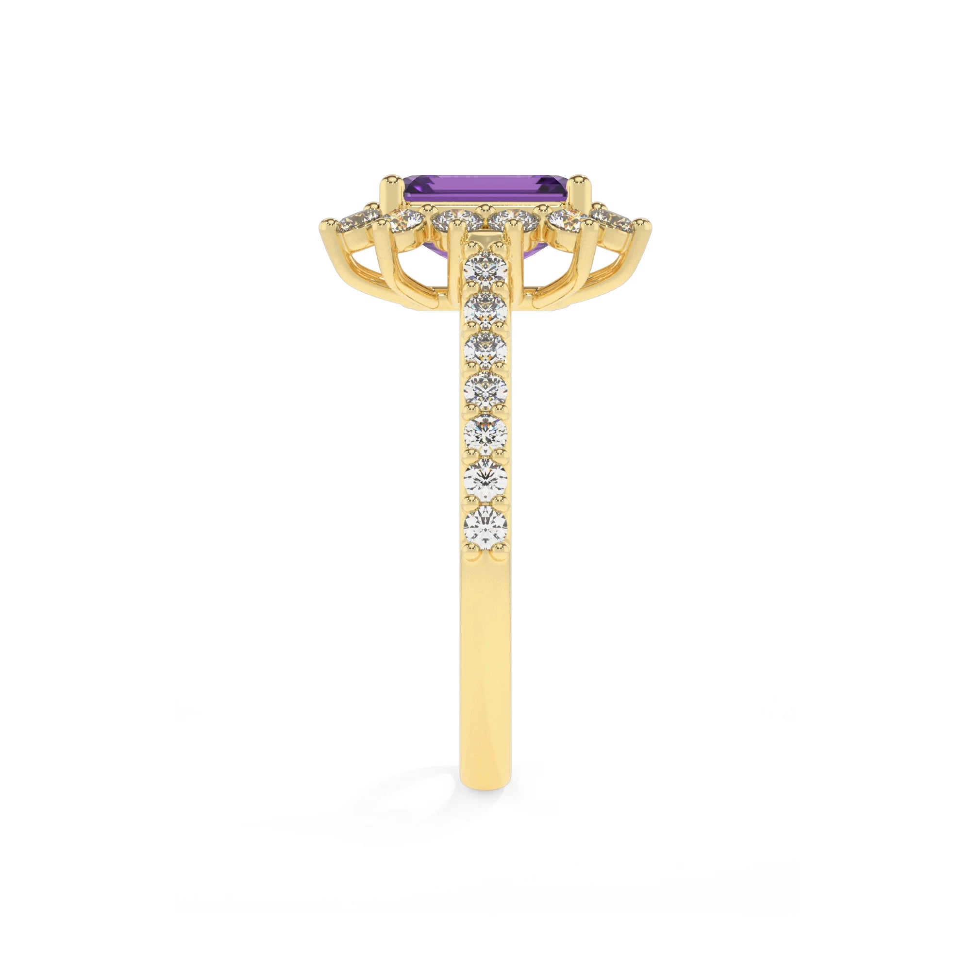 lab grown amethyst emerald cut solitaire rings in yellow gold