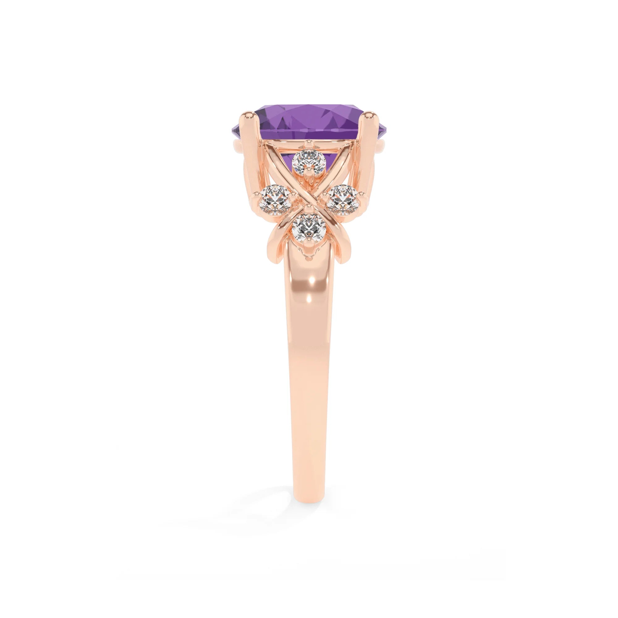 lab grown amethyst round solitaire rings in rose gold