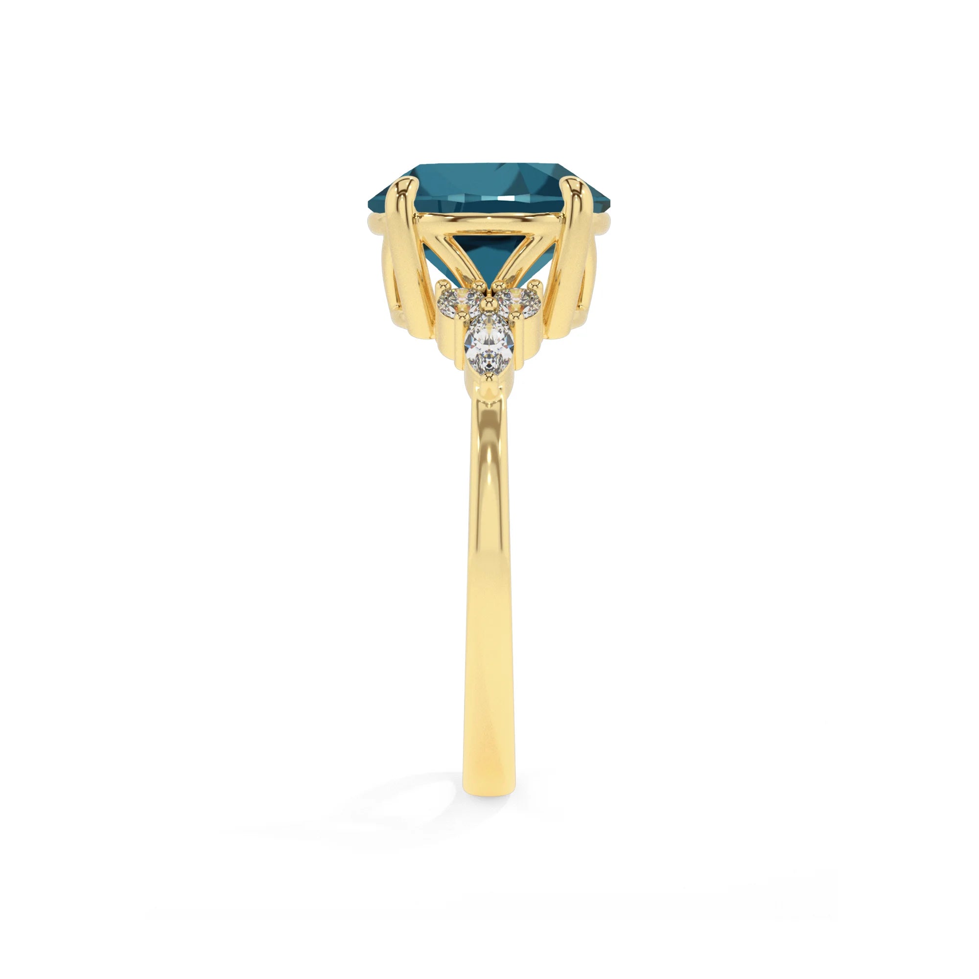 natural london-blue-topaz round solitaire rings in yellow gold