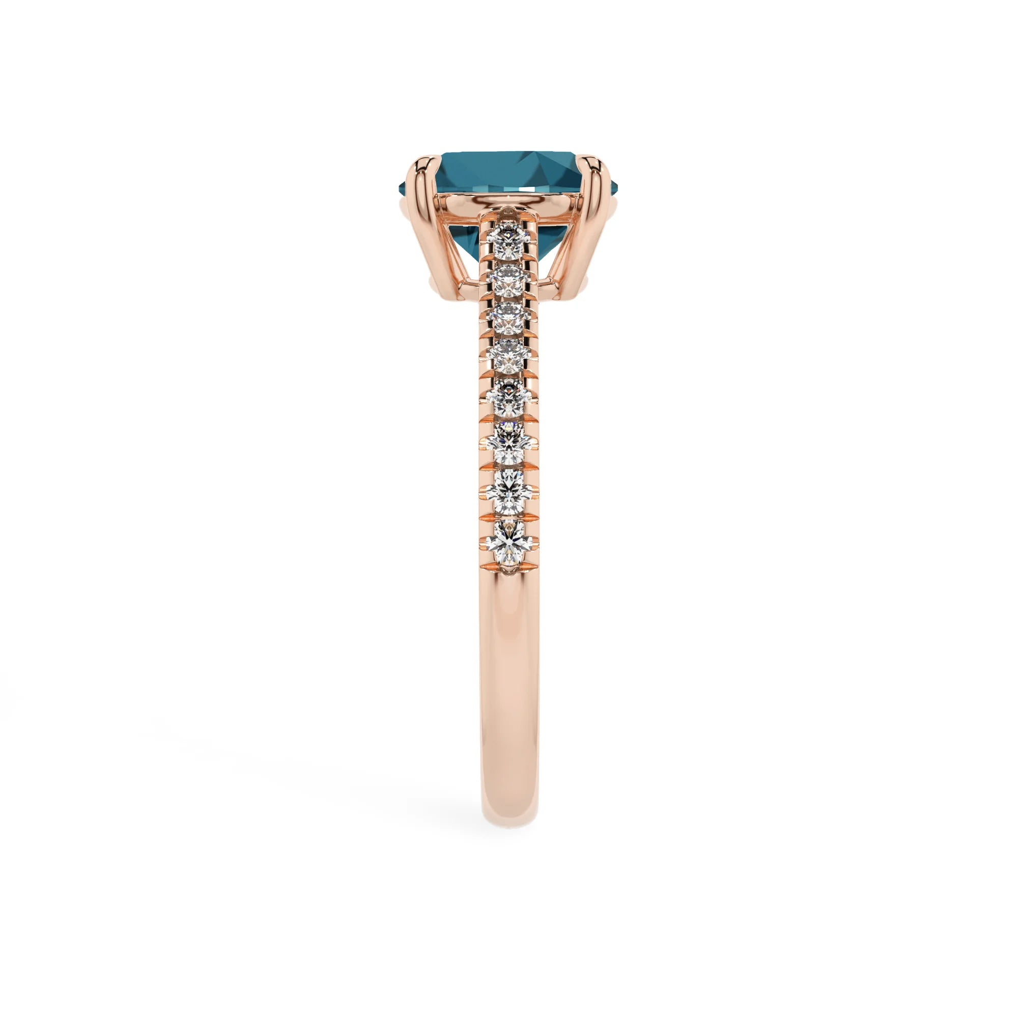 natural london-blue-topaz round half eternity solitaire engagement rings in rose gold