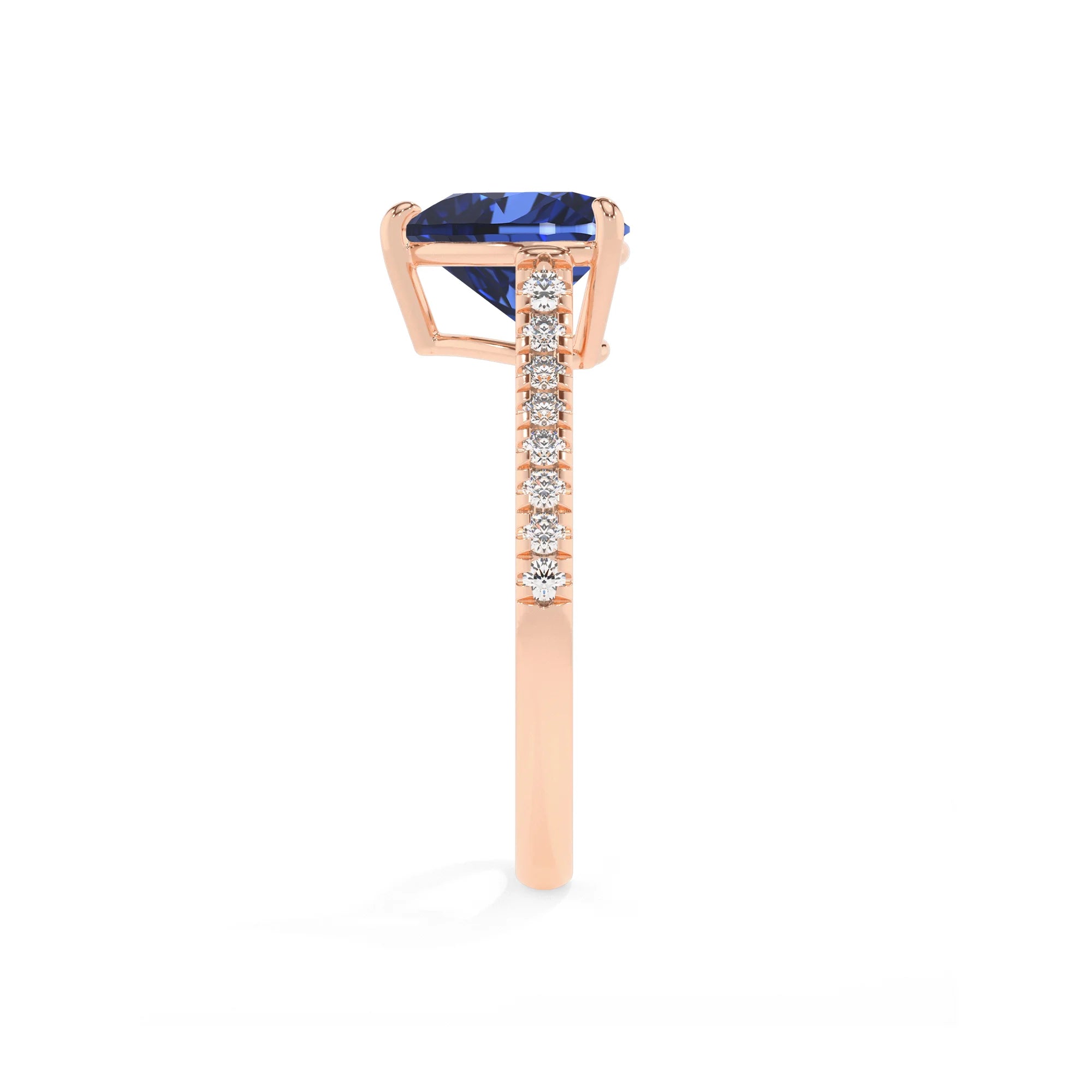 lab grown blue-sapphire heart half eternity solitaire engagement rings in rose gold