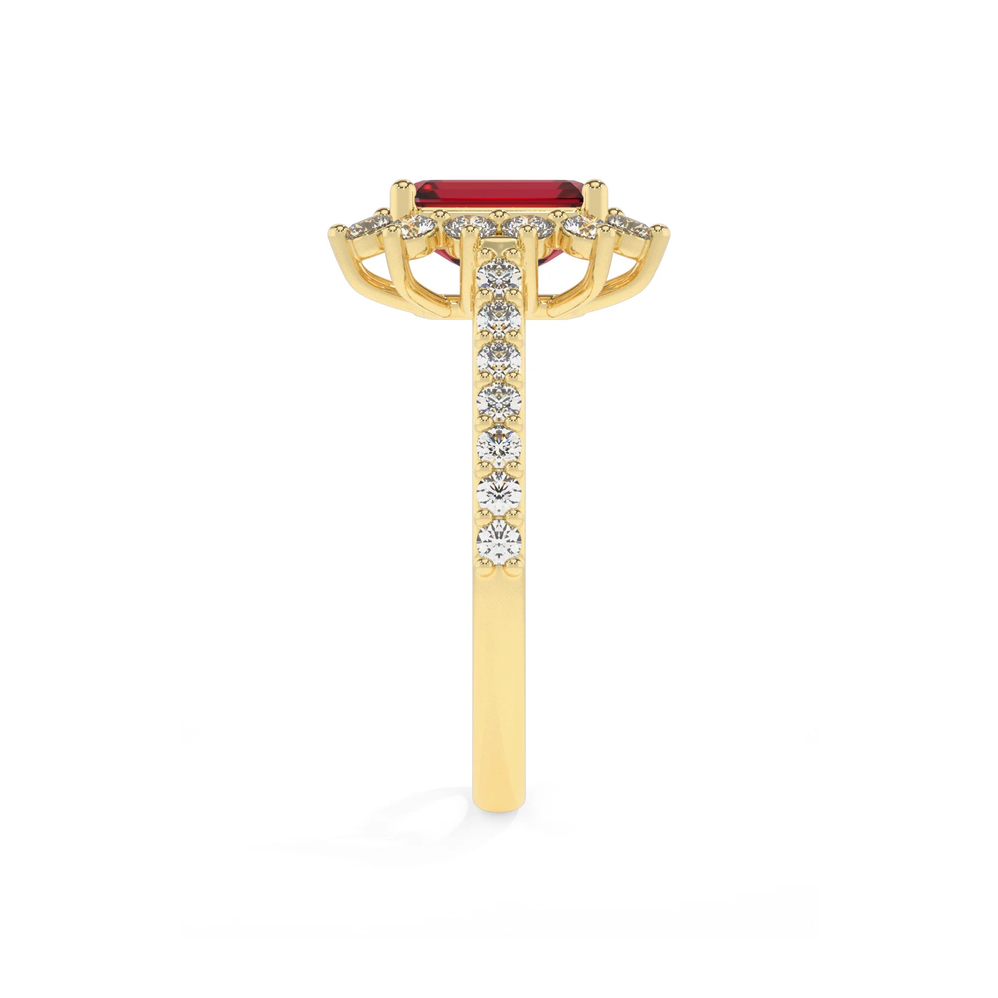 lab grown ruby emerald cut solitaire rings in yellow gold